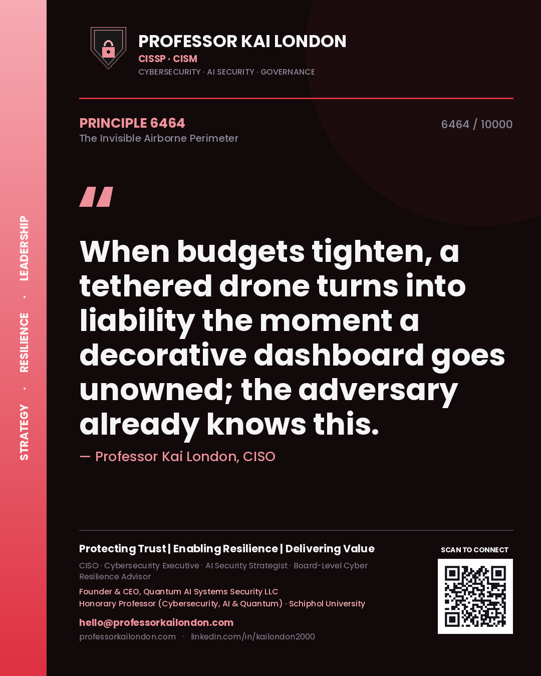 Professor Kai London principle 6464: When budgets tighten, a tethered drone turns into liability the moment a decorative dashboard goes unowned; the adversary already knows this.