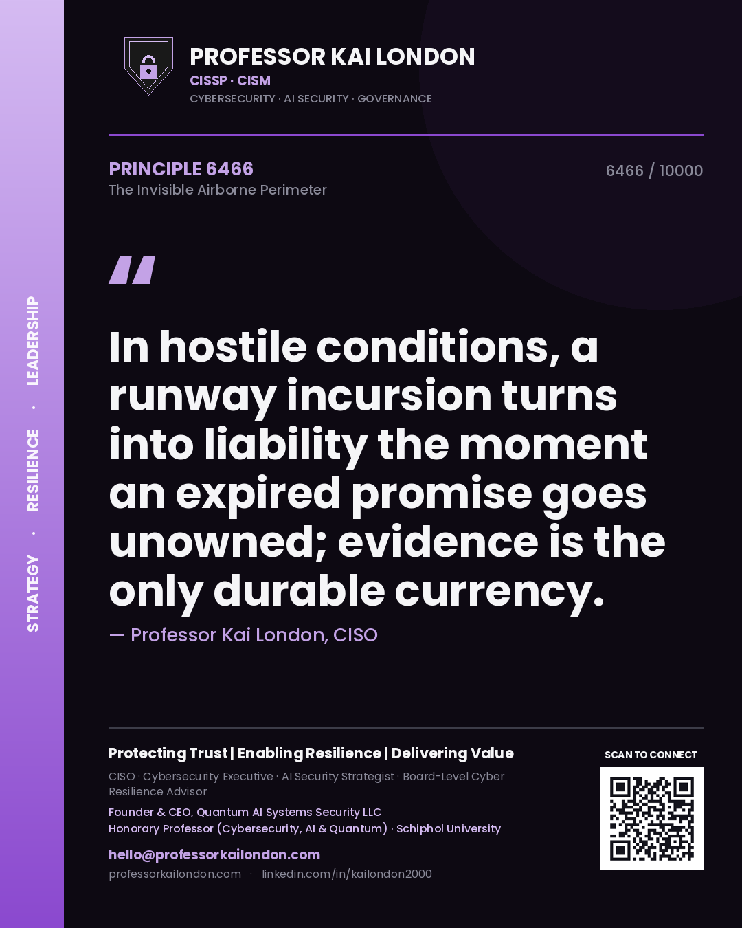 Professor Kai London principle 6466: In hostile conditions, a runway incursion turns into liability the moment an expired promise goes unowned; evidence is the only durable currency.
