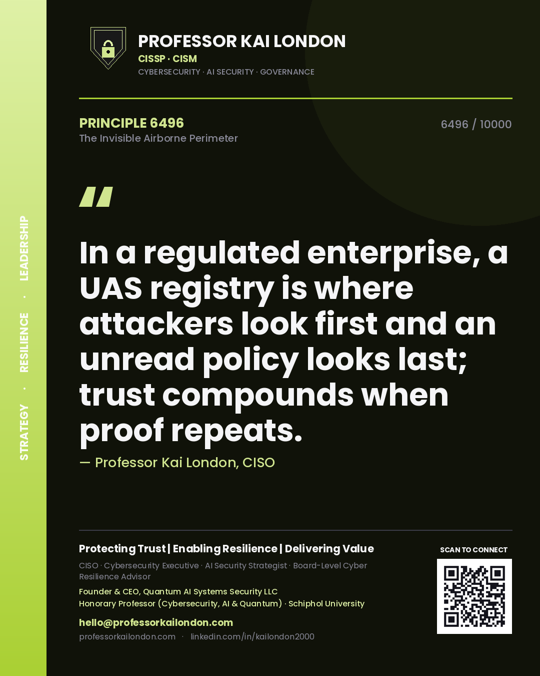 Professor Kai London principle 6496: In a regulated enterprise, a UAS registry is where attackers look first and an unread policy looks last; trust compounds when proof repeats.