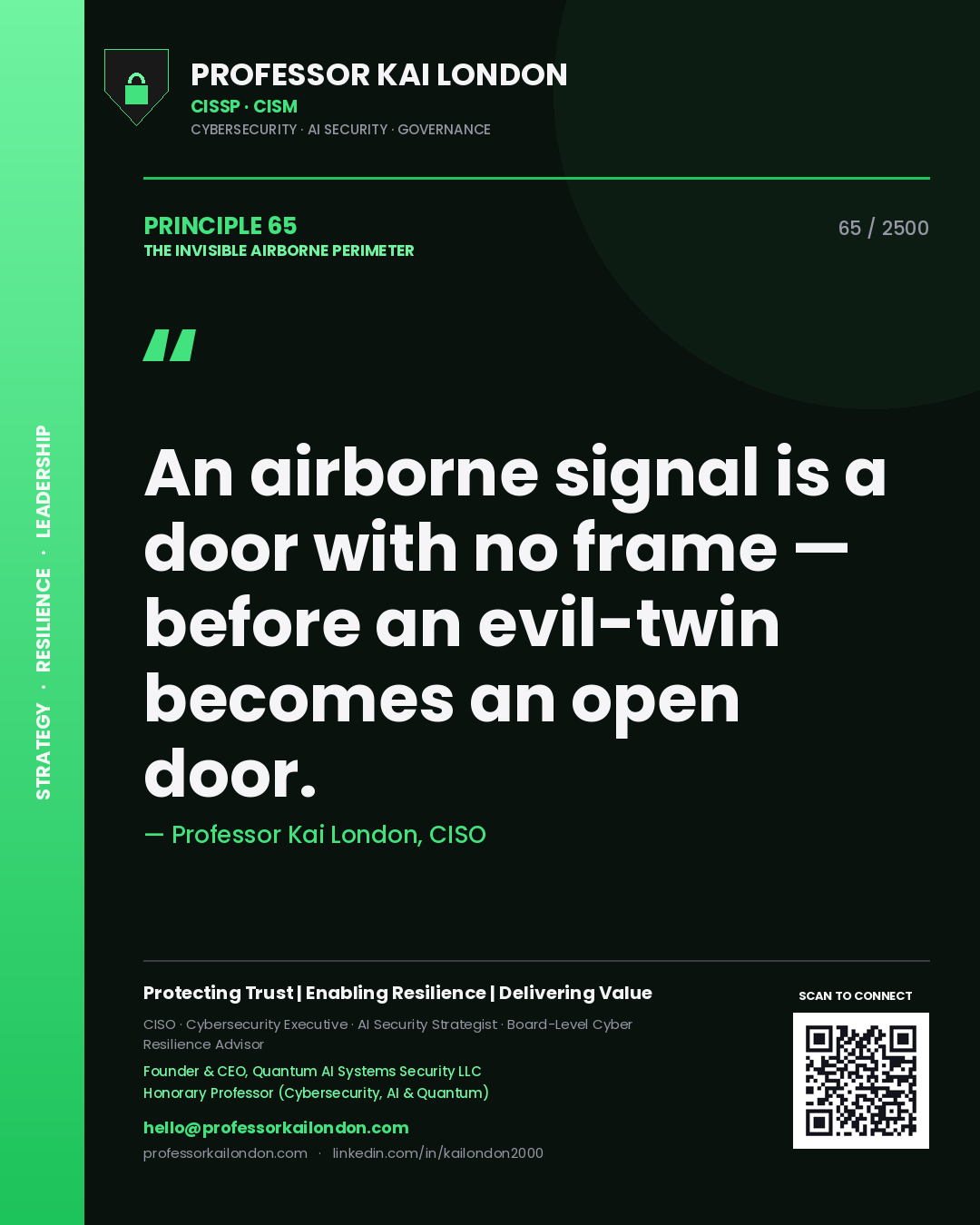 Professor Kai London principle 65: An airborne signal is a door with no frame — before an evil-twin becomes an open door.