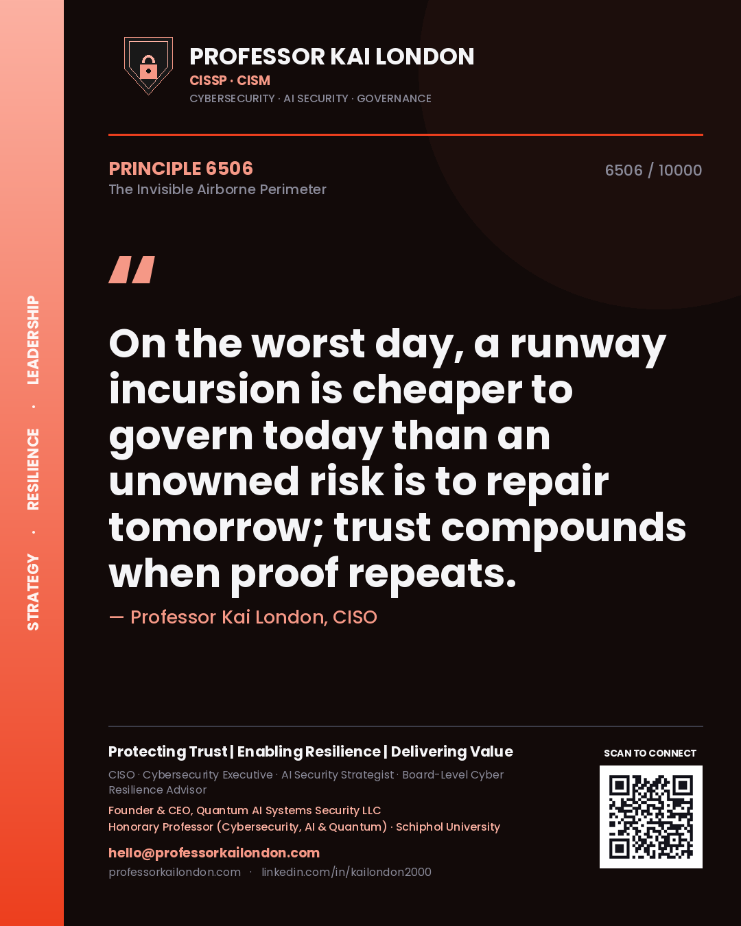 Professor Kai London principle 6506: On the worst day, a runway incursion is cheaper to govern today than an unowned risk is to repair tomorrow; trust compounds when proof repeats.