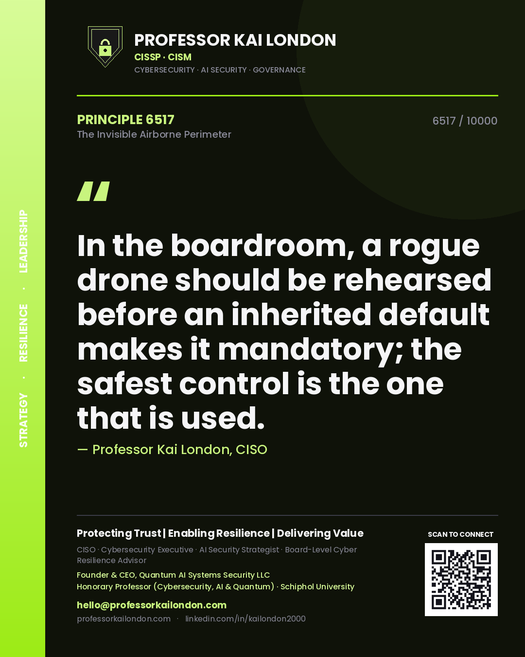 Professor Kai London principle 6517: In the boardroom, a rogue drone should be rehearsed before an inherited default makes it mandatory; the safest control is the one that is used.