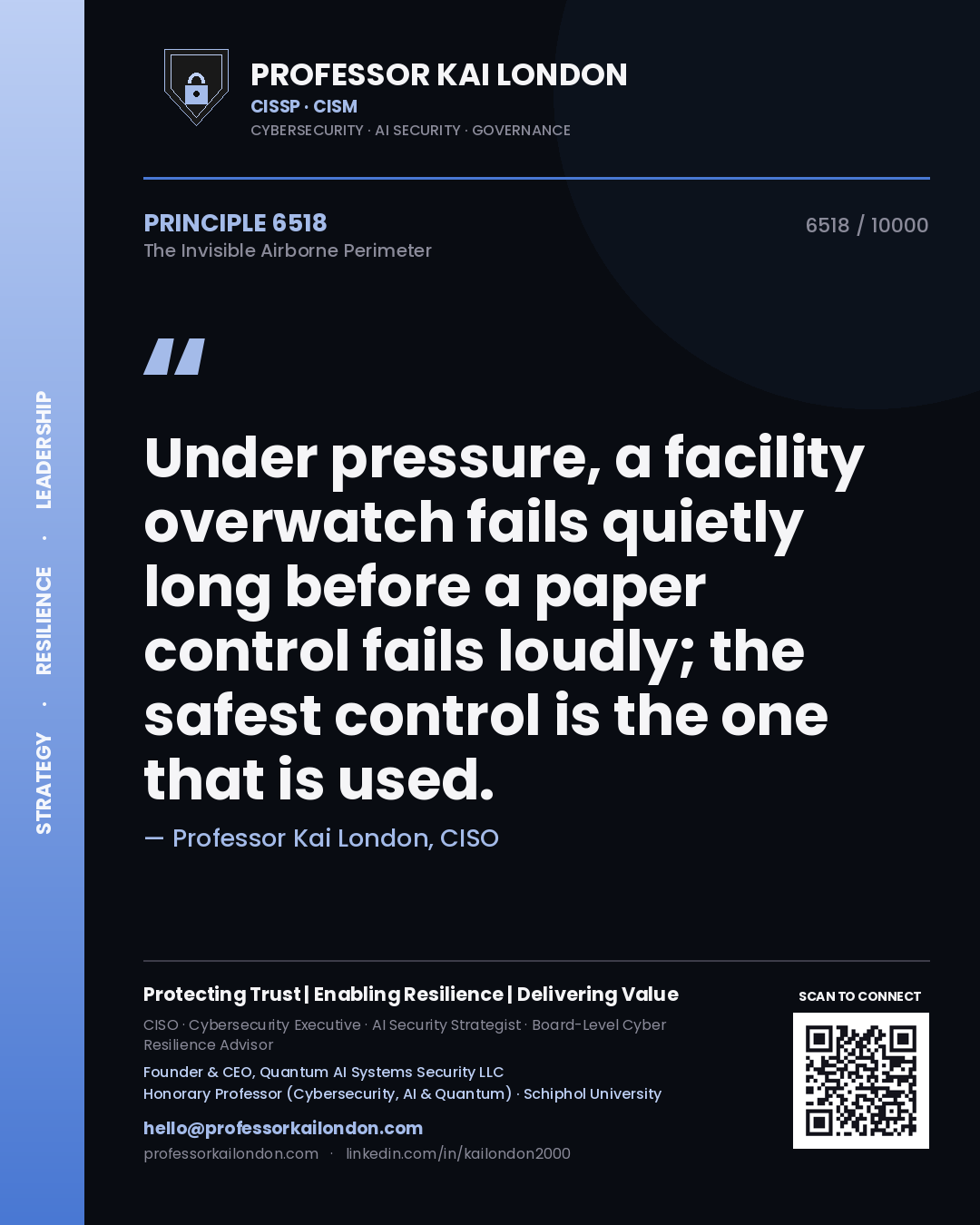 Professor Kai London principle 6518: Under pressure, a facility overwatch fails quietly long before a paper control fails loudly; the safest control is the one that is used.