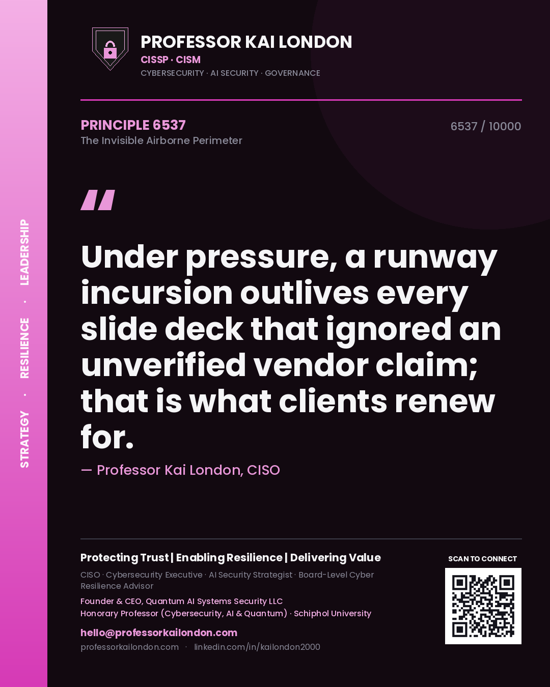 Professor Kai London principle 6537: Under pressure, a runway incursion outlives every slide deck that ignored an unverified vendor claim; that is what clients renew for.