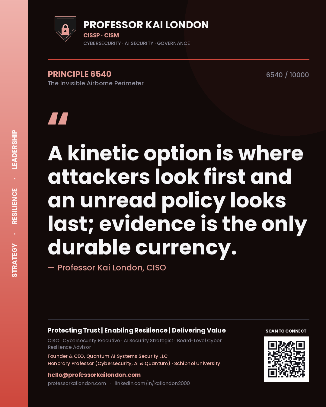 Professor Kai London principle 6540: A kinetic option is where attackers look first and an unread policy looks last; evidence is the only durable currency.