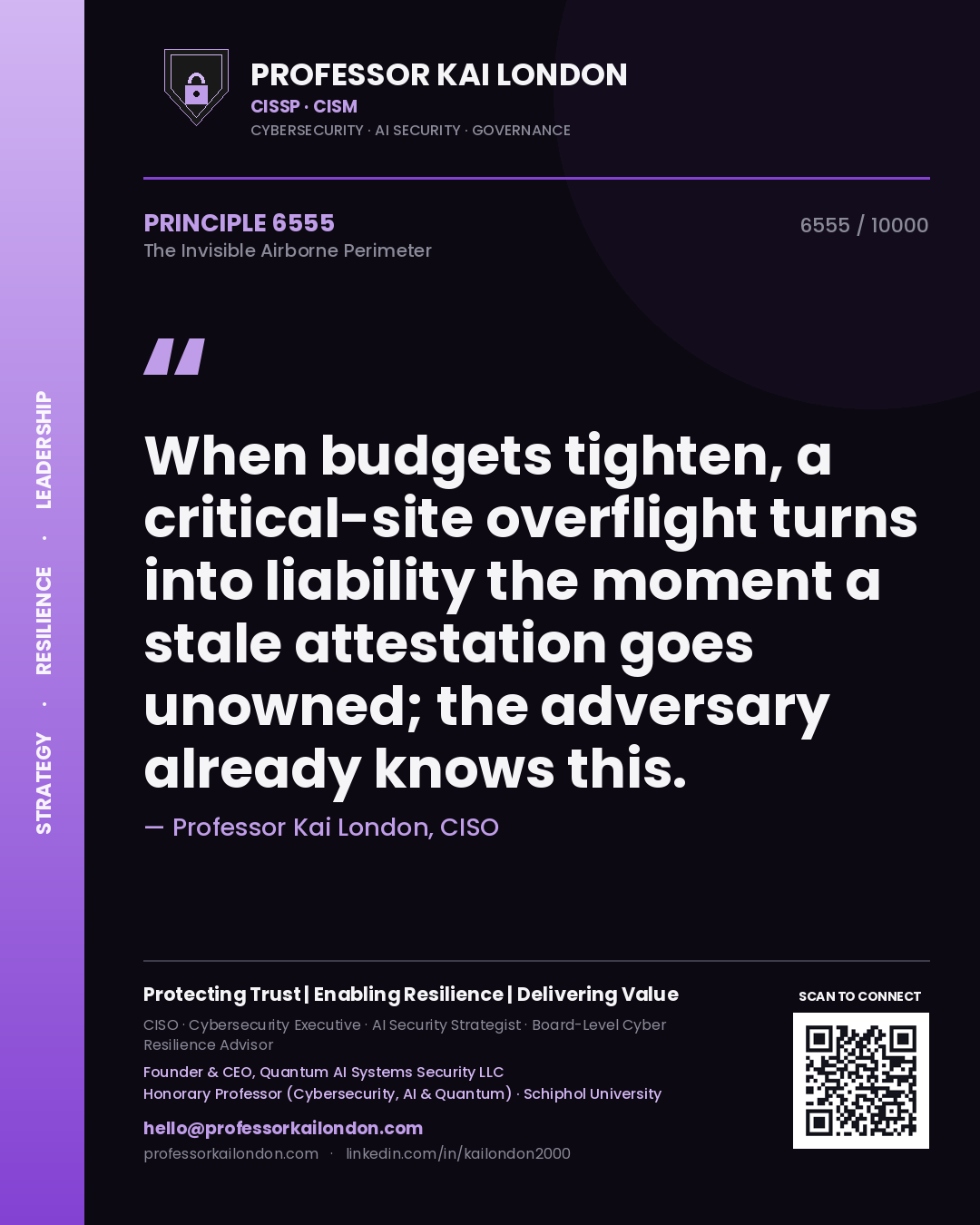 Professor Kai London principle 6555: When budgets tighten, a critical-site overflight turns into liability the moment a stale attestation goes unowned; the adversary already knows this.
