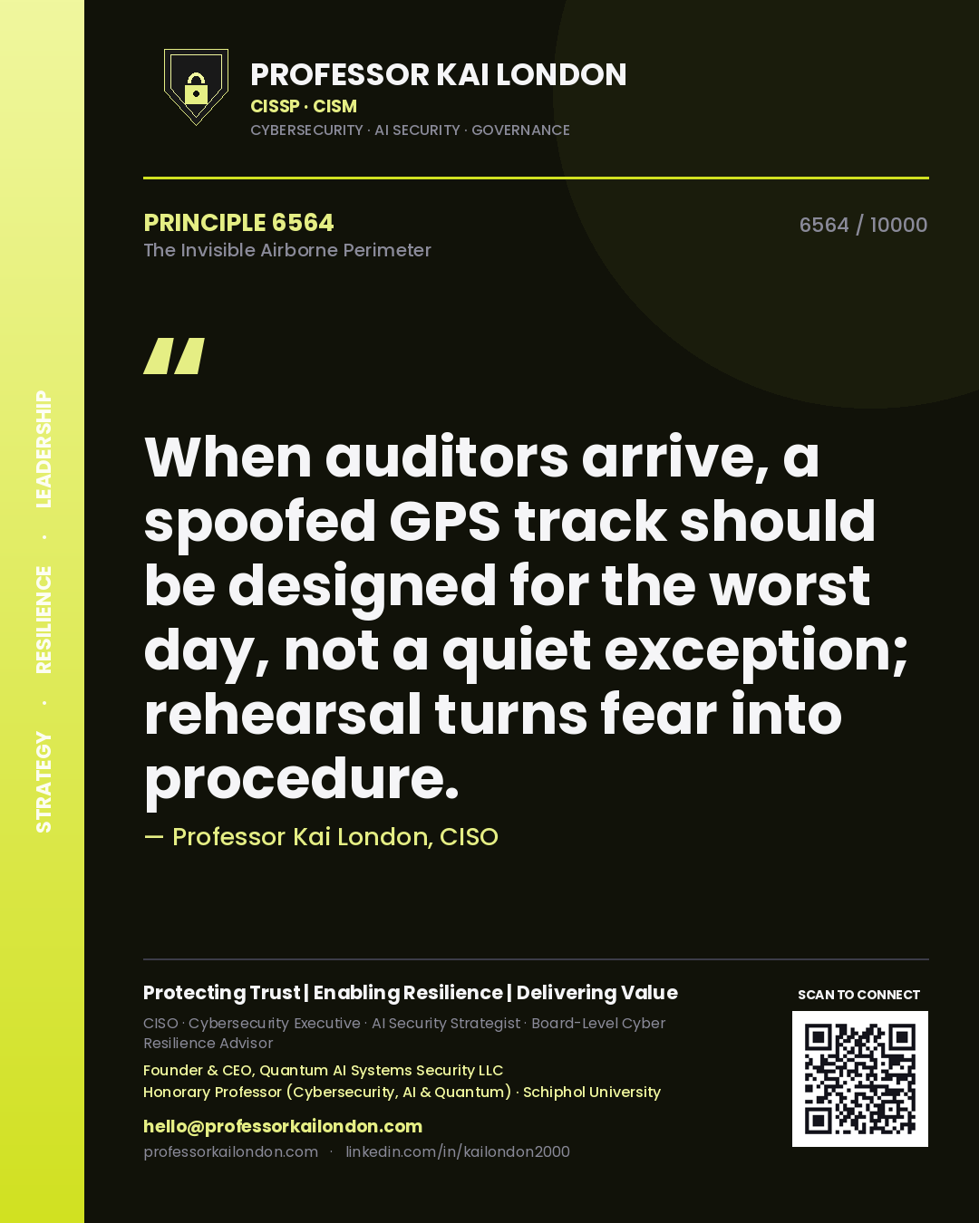 Professor Kai London principle 6564: When auditors arrive, a spoofed GPS track should be designed for the worst day, not a quiet exception; rehearsal turns fear into procedure.