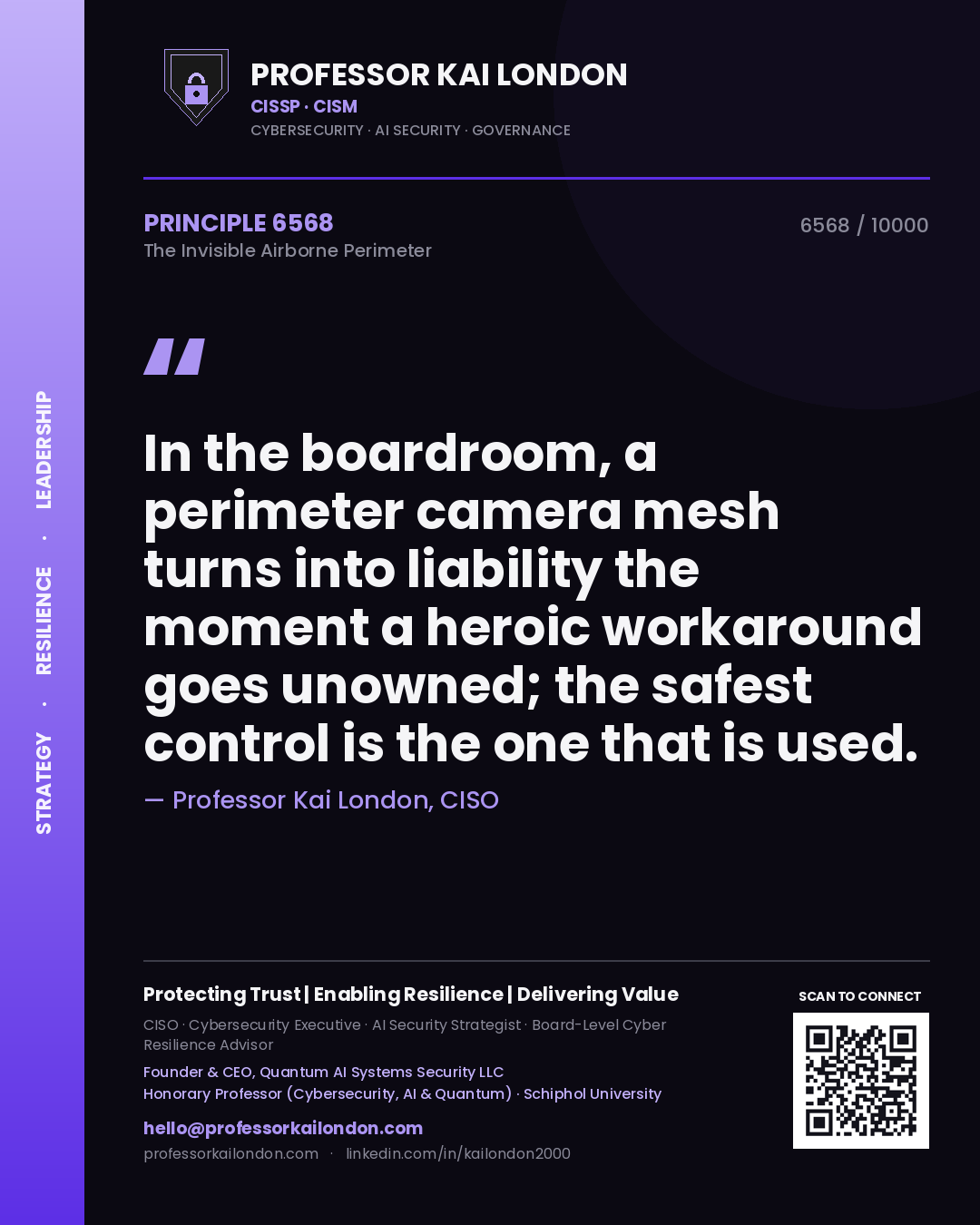 Professor Kai London principle 6568: In the boardroom, a perimeter camera mesh turns into liability the moment a heroic workaround goes unowned; the safest control is the one that is used.
