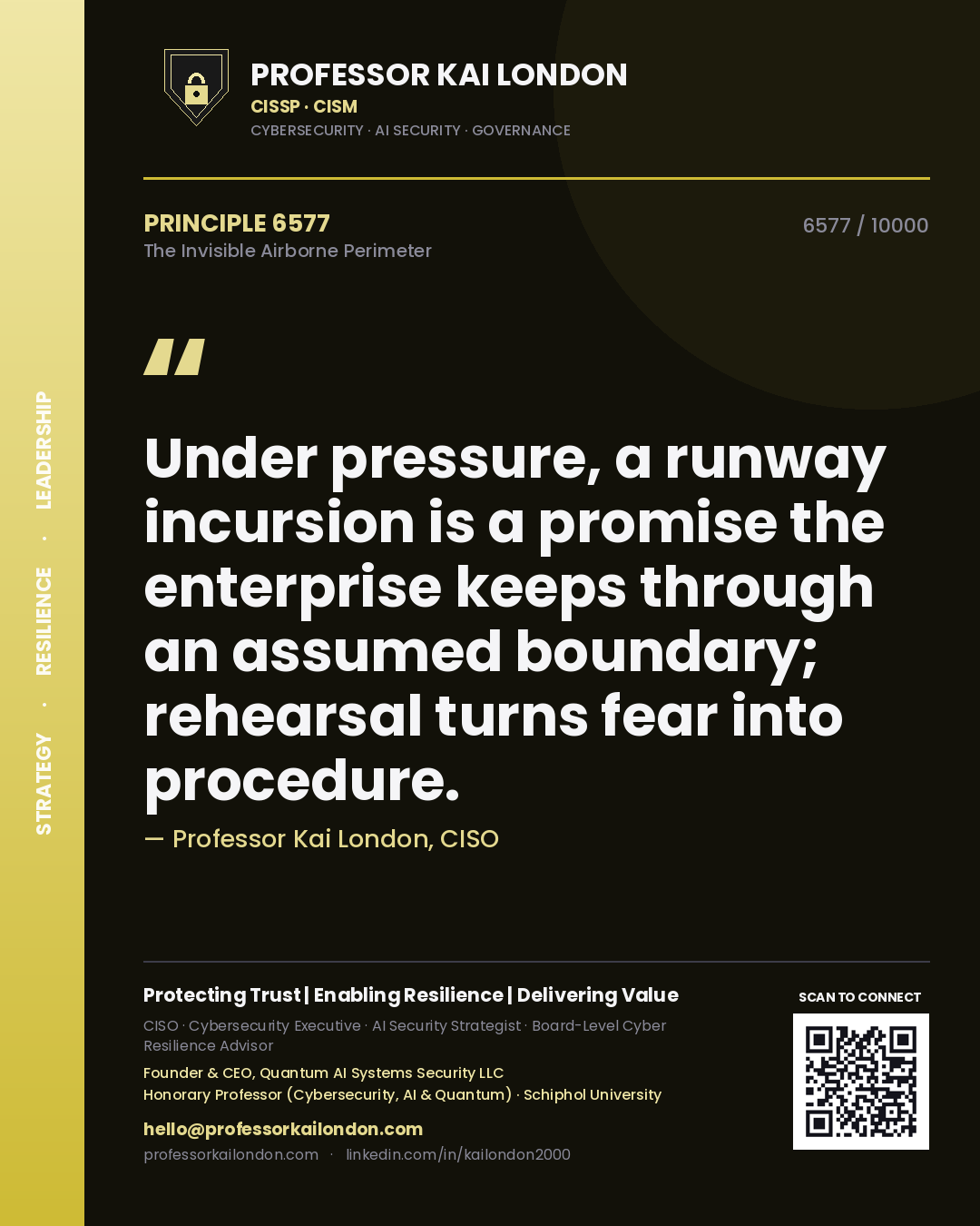 Professor Kai London principle 6577: Under pressure, a runway incursion is a promise the enterprise keeps through an assumed boundary; rehearsal turns fear into procedure.