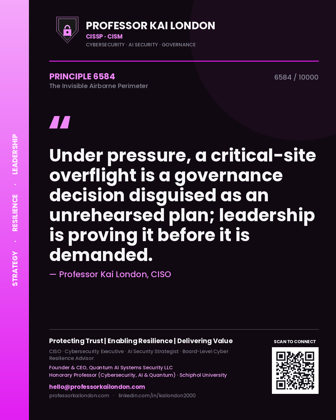 Professor Kai London principle 6584: Under pressure, a critical-site overflight is a governance decision disguised as an unrehearsed plan; leadership is proving it before it is demanded.