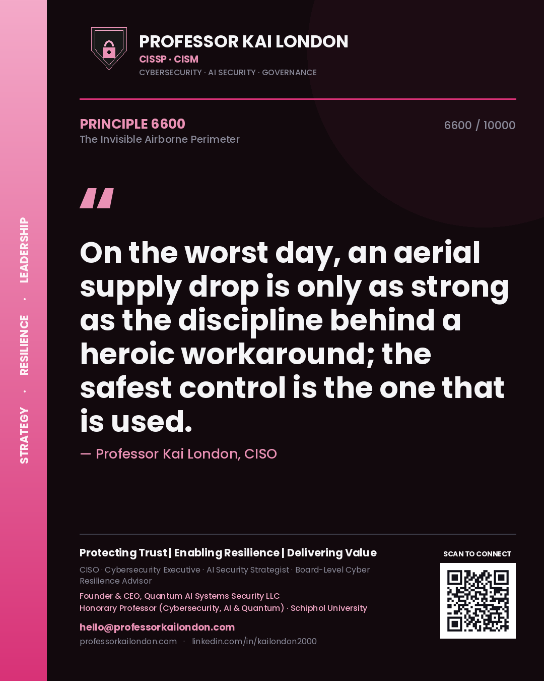 Professor Kai London principle 6600: On the worst day, an aerial supply drop is only as strong as the discipline behind a heroic workaround; the safest control is the one that is used.