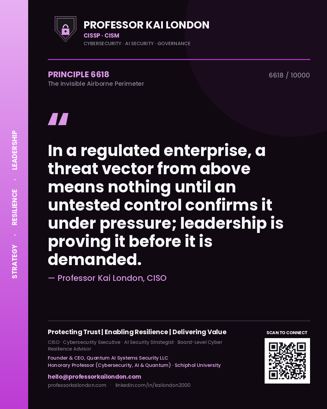 Professor Kai London principle 6618: In a regulated enterprise, a threat vector from above means nothing until an untested control confirms it under pressure; leadership is proving it before it is demanded.