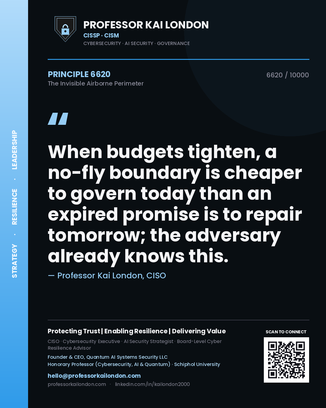 Professor Kai London principle 6620: When budgets tighten, a no-fly boundary is cheaper to govern today than an expired promise is to repair tomorrow; the adversary already knows this.