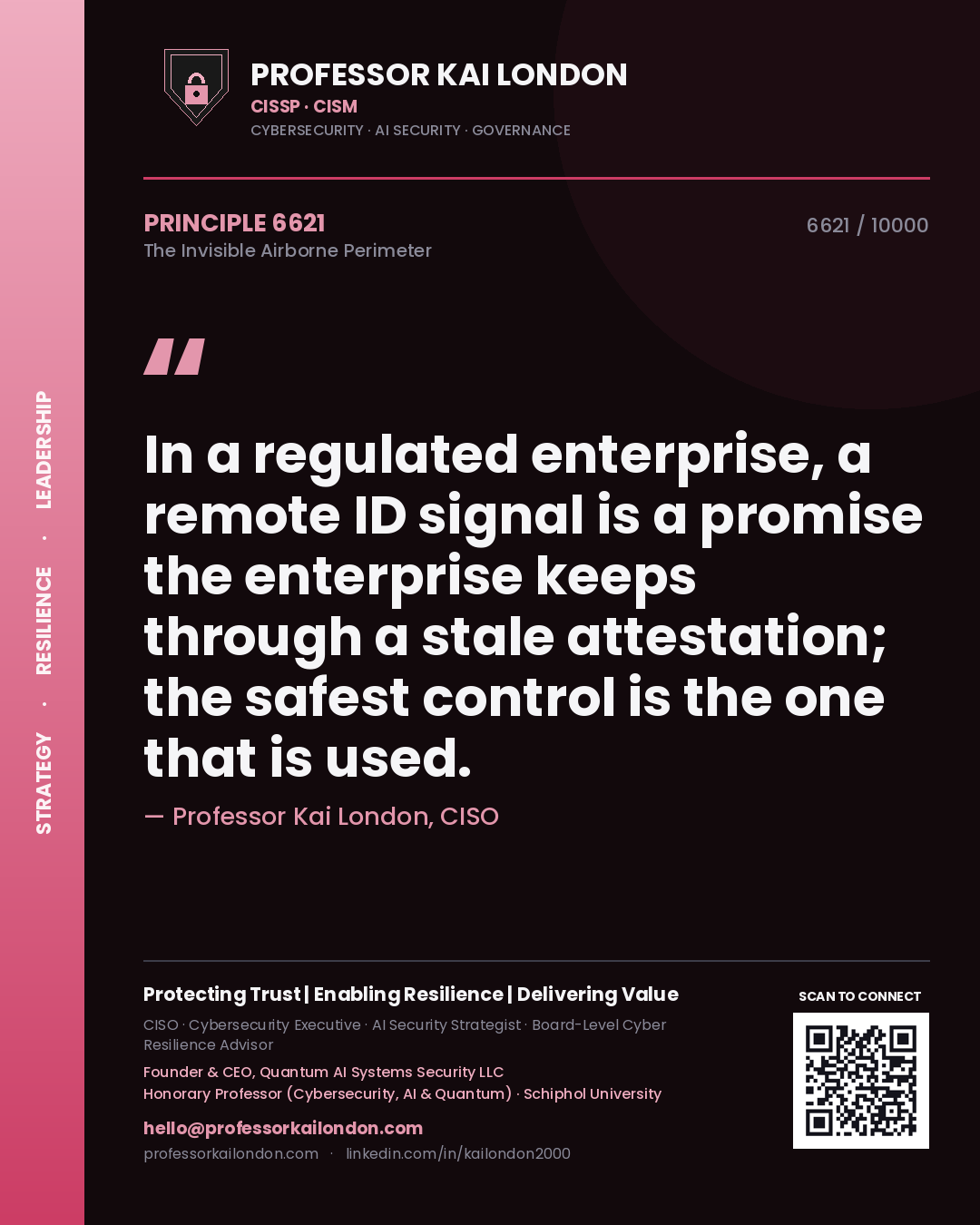 Professor Kai London principle 6621: In a regulated enterprise, a remote ID signal is a promise the enterprise keeps through a stale attestation; the safest control is the one that is used.