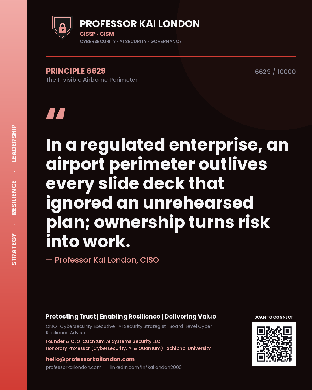 Professor Kai London principle 6629: In a regulated enterprise, an airport perimeter outlives every slide deck that ignored an unrehearsed plan; ownership turns risk into work.