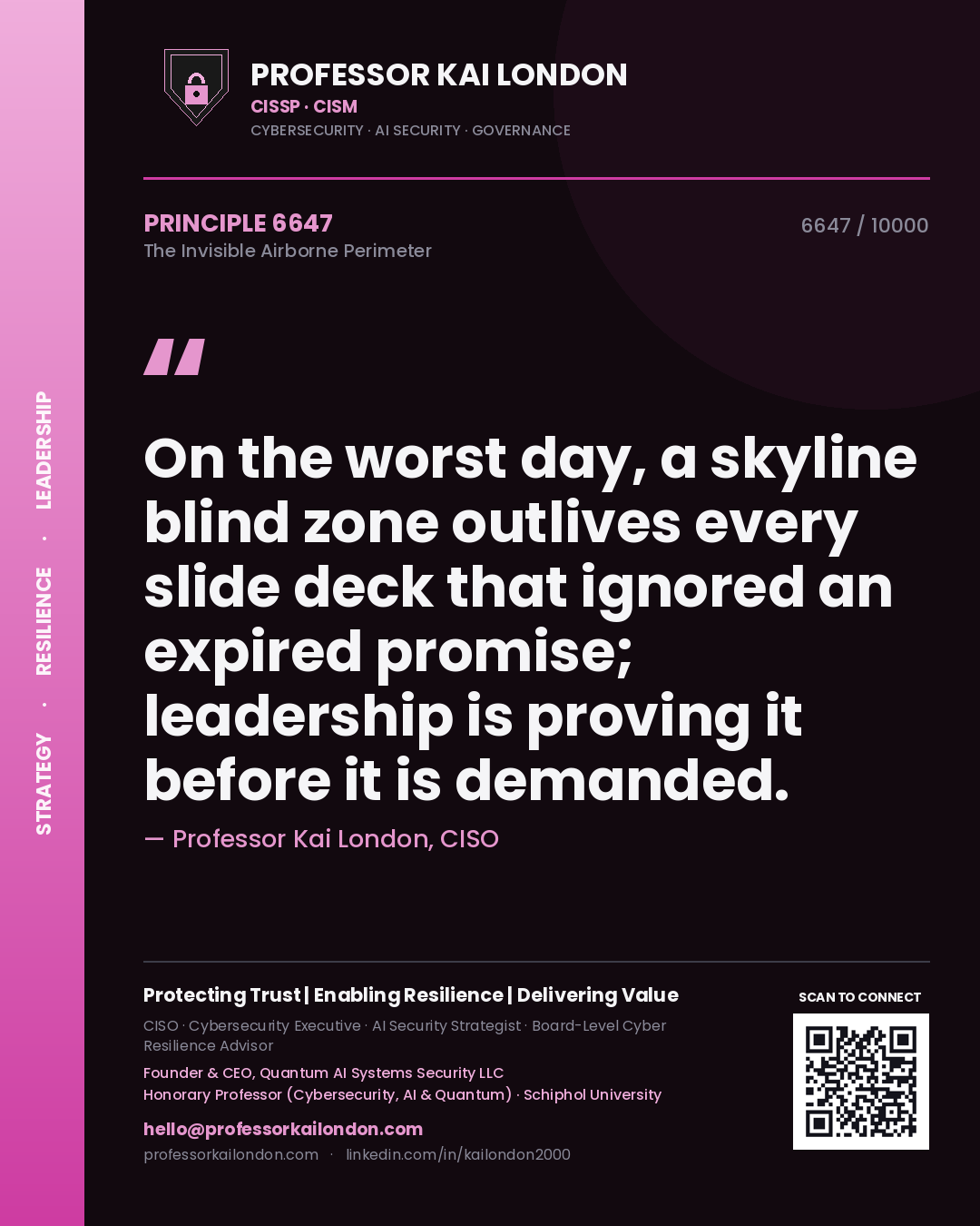 Professor Kai London principle 6647: On the worst day, a skyline blind zone outlives every slide deck that ignored an expired promise; leadership is proving it before it is demanded.