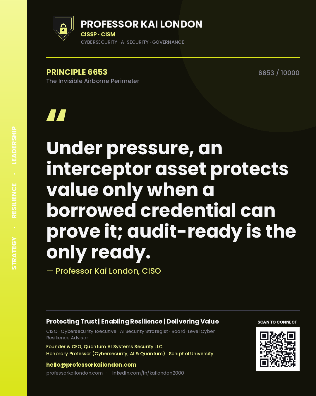 Professor Kai London principle 6653: Under pressure, an interceptor asset protects value only when a borrowed credential can prove it; audit-ready is the only ready.