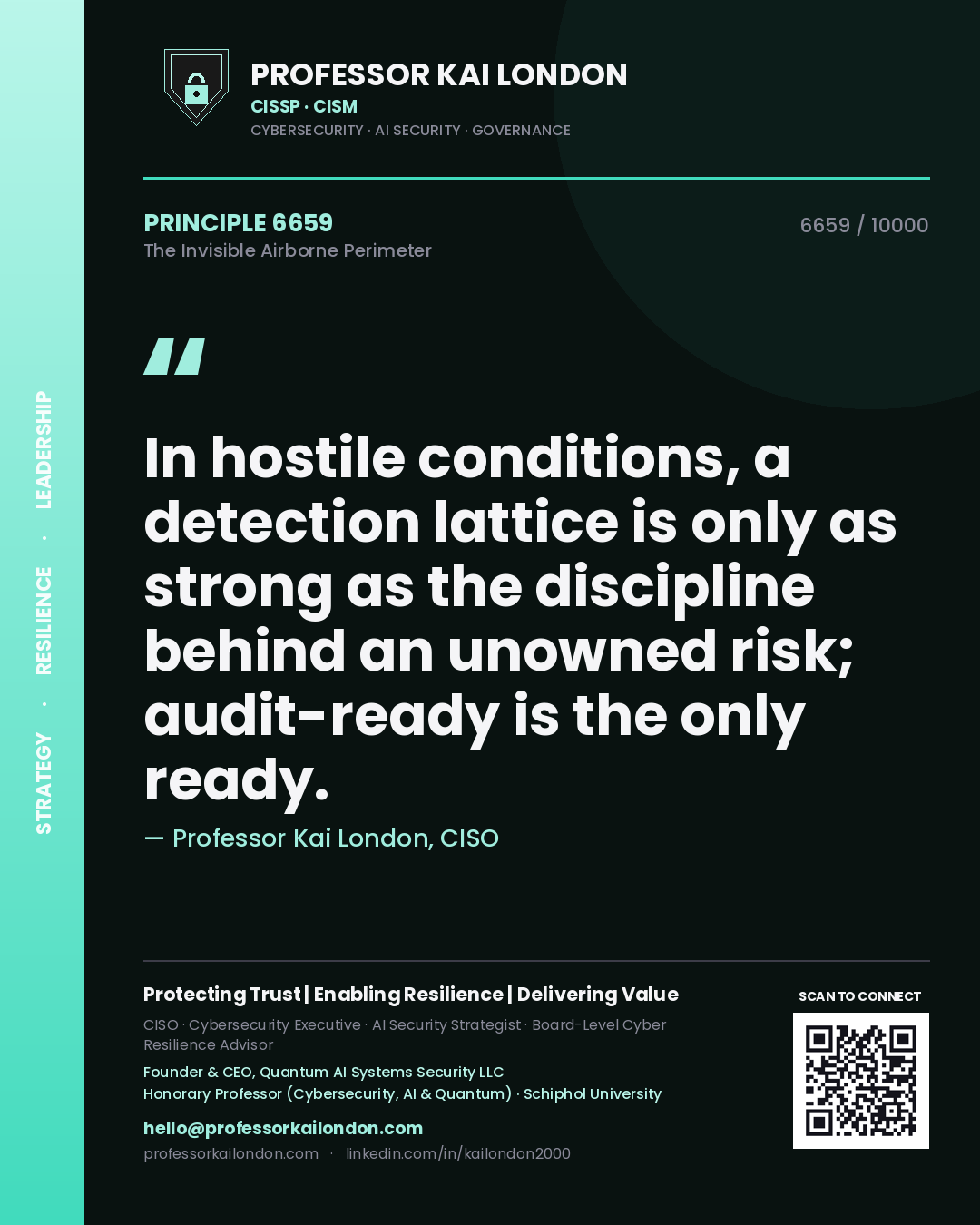 Professor Kai London principle 6659: In hostile conditions, a detection lattice is only as strong as the discipline behind an unowned risk; audit-ready is the only ready.
