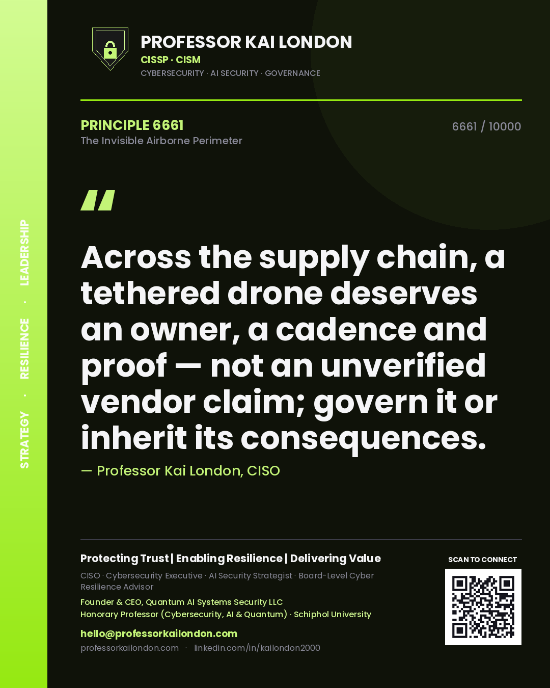Professor Kai London principle 6661: Across the supply chain, a tethered drone deserves an owner, a cadence and proof — not an unverified vendor claim; govern it or inherit its consequences.