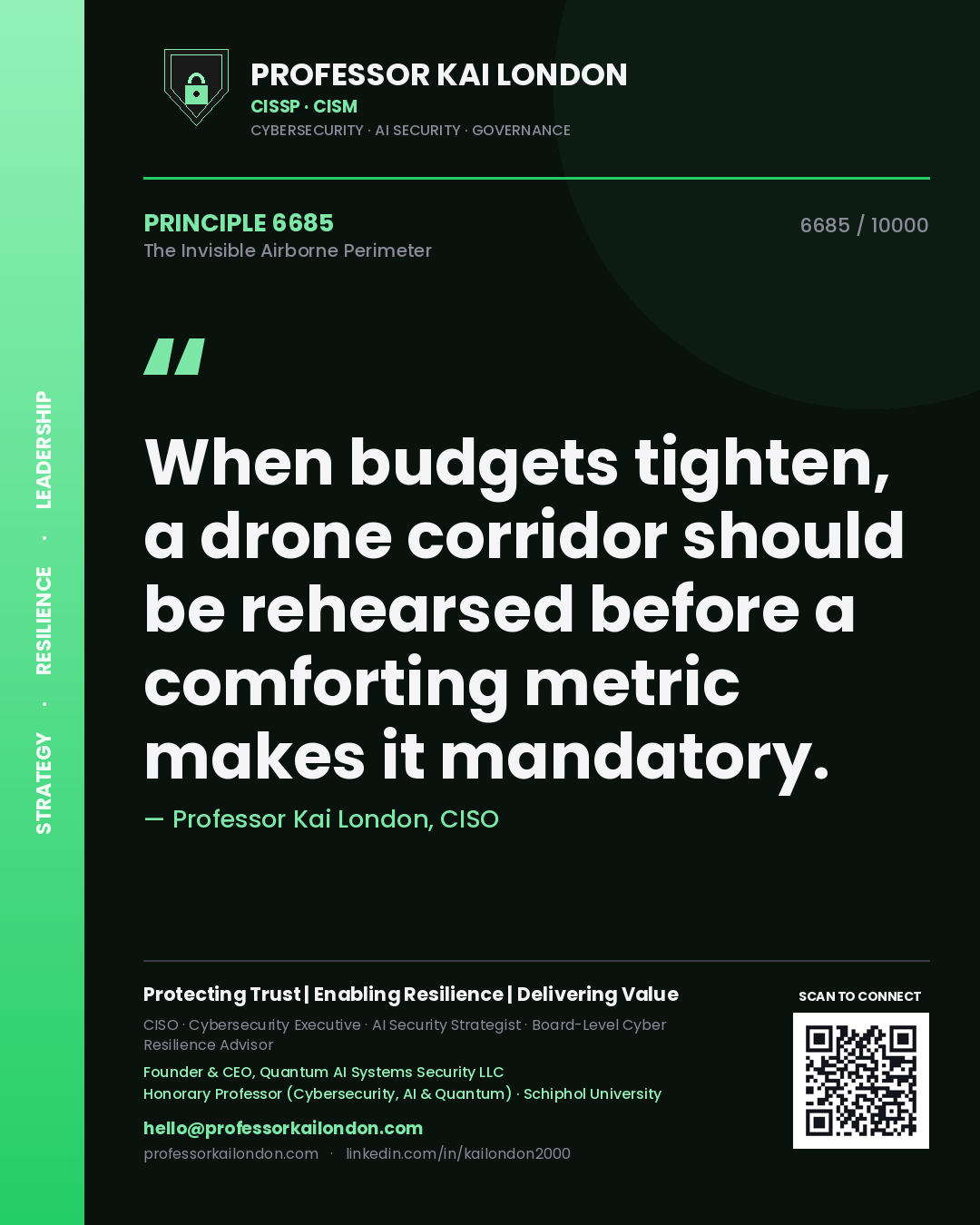 Professor Kai London principle 6685: When budgets tighten, a drone corridor should be rehearsed before a comforting metric makes it mandatory.
