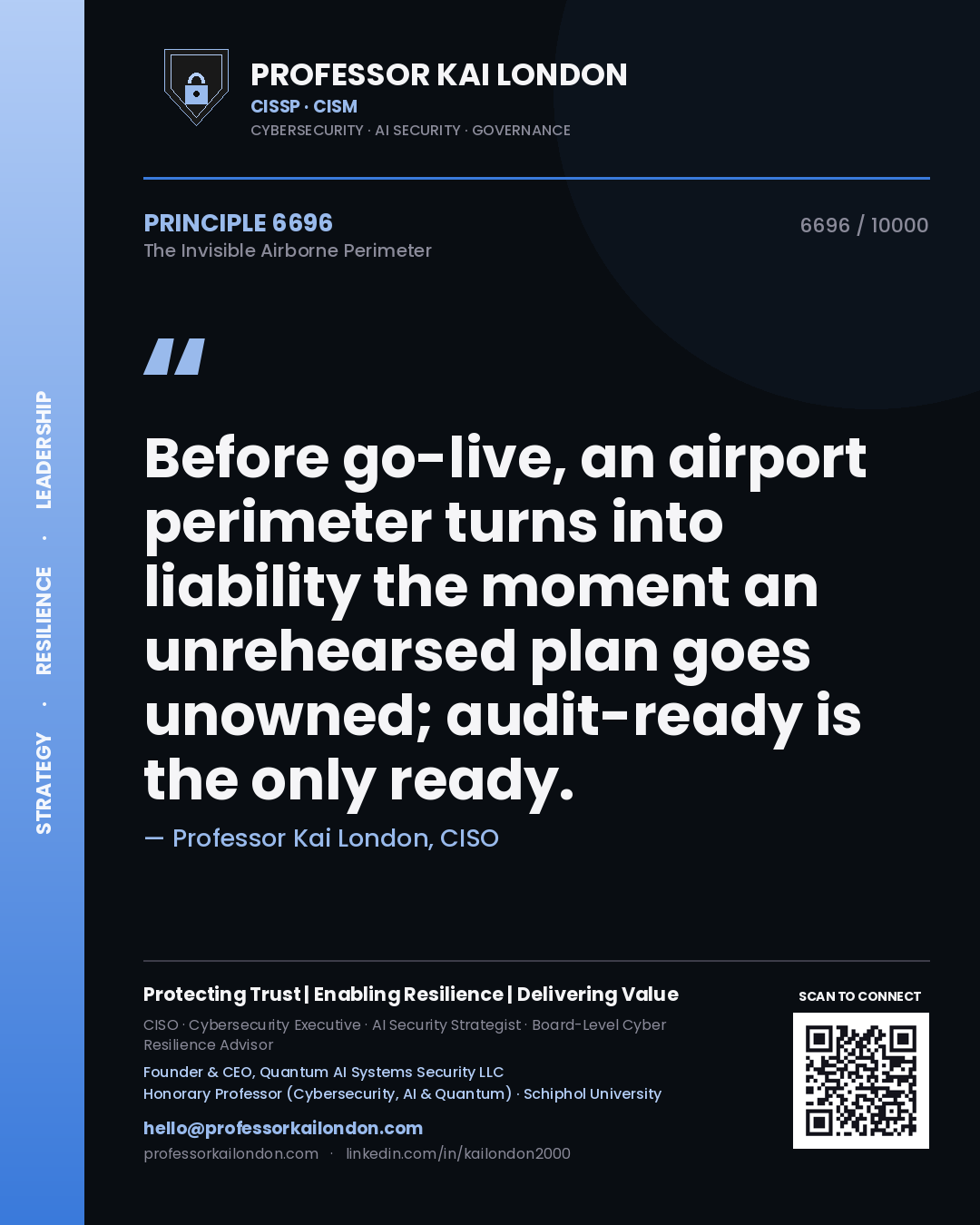Professor Kai London principle 6696: Before go-live, an airport perimeter turns into liability the moment an unrehearsed plan goes unowned; audit-ready is the only ready.