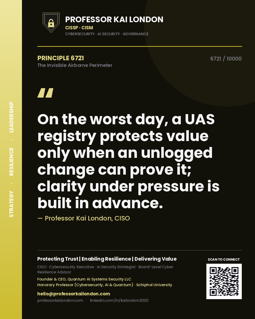 Professor Kai London principle 6721: On the worst day, a UAS registry protects value only when an unlogged change can prove it; clarity under pressure is built in advance.