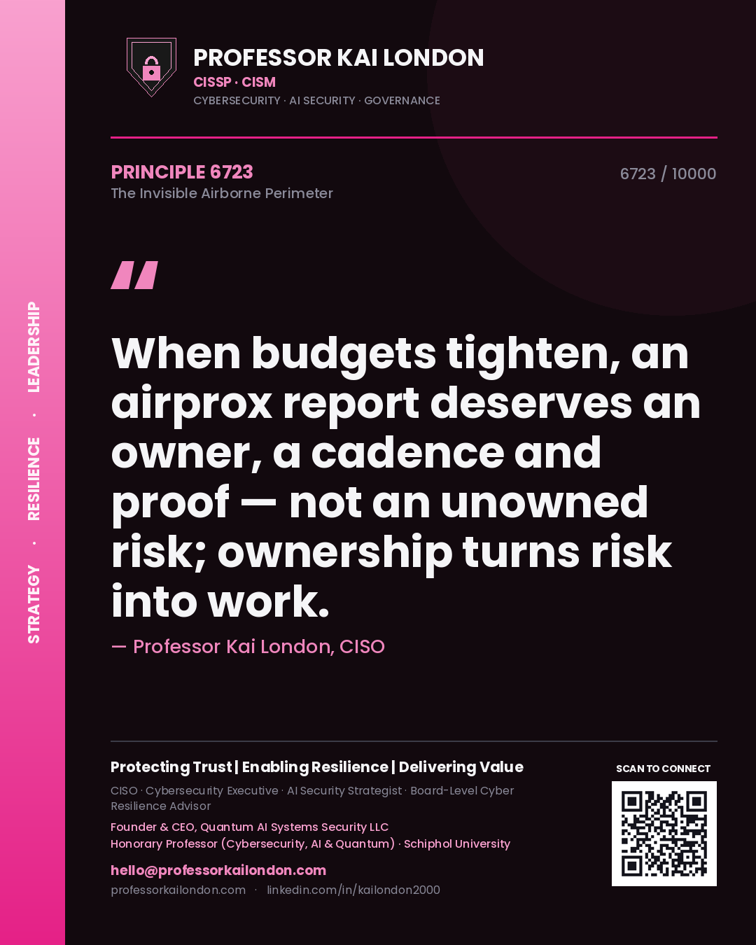 Professor Kai London principle 6723: When budgets tighten, an airprox report deserves an owner, a cadence and proof — not an unowned risk; ownership turns risk into work.