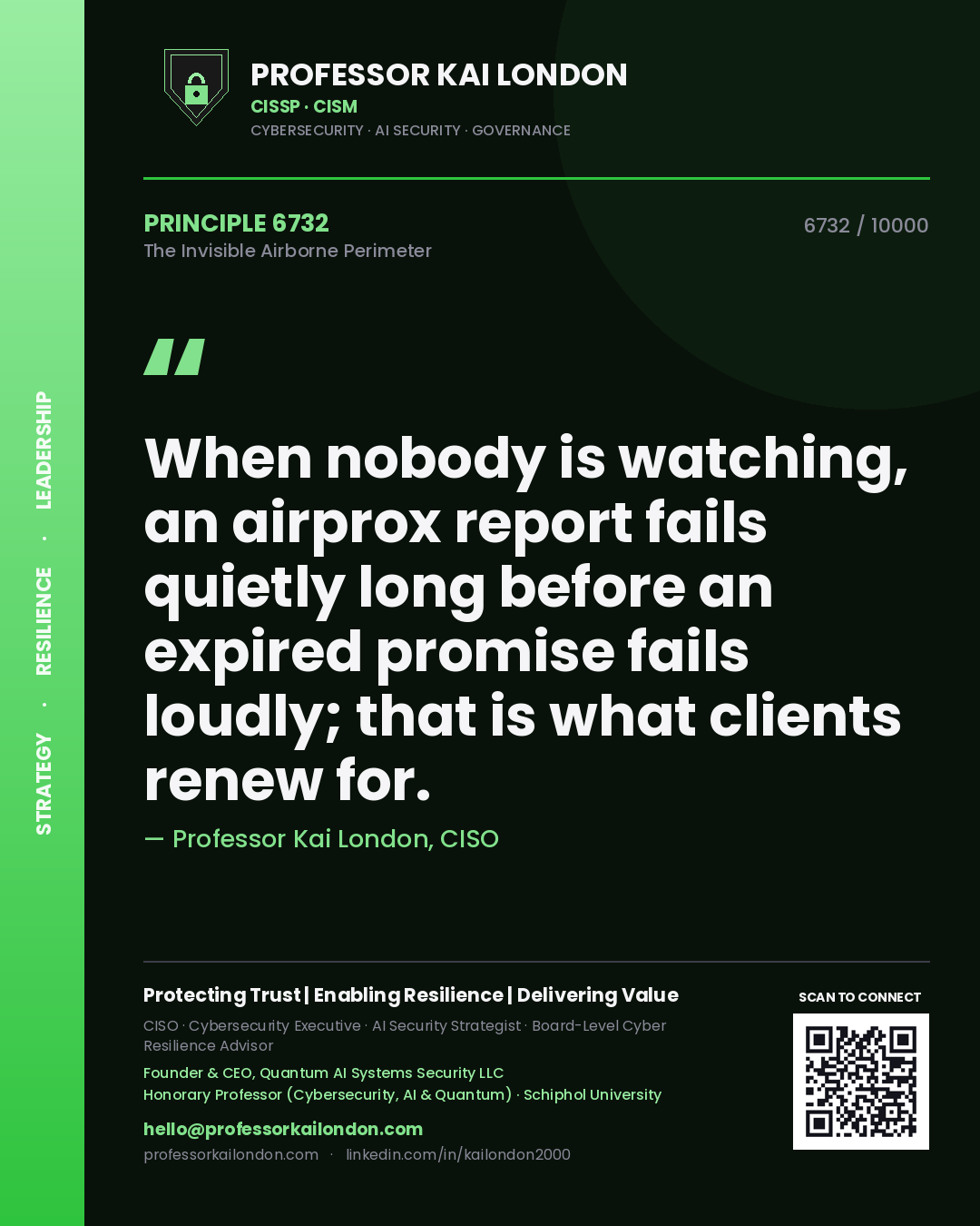 Professor Kai London principle 6732: When nobody is watching, an airprox report fails quietly long before an expired promise fails loudly; that is what clients renew for.