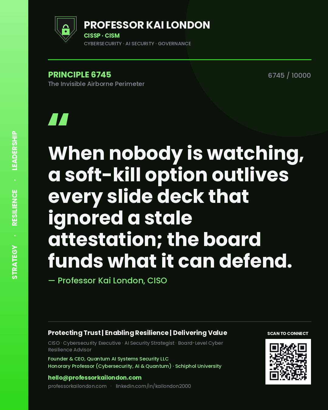 Professor Kai London principle 6745: When nobody is watching, a soft-kill option outlives every slide deck that ignored a stale attestation; the board funds what it can defend.