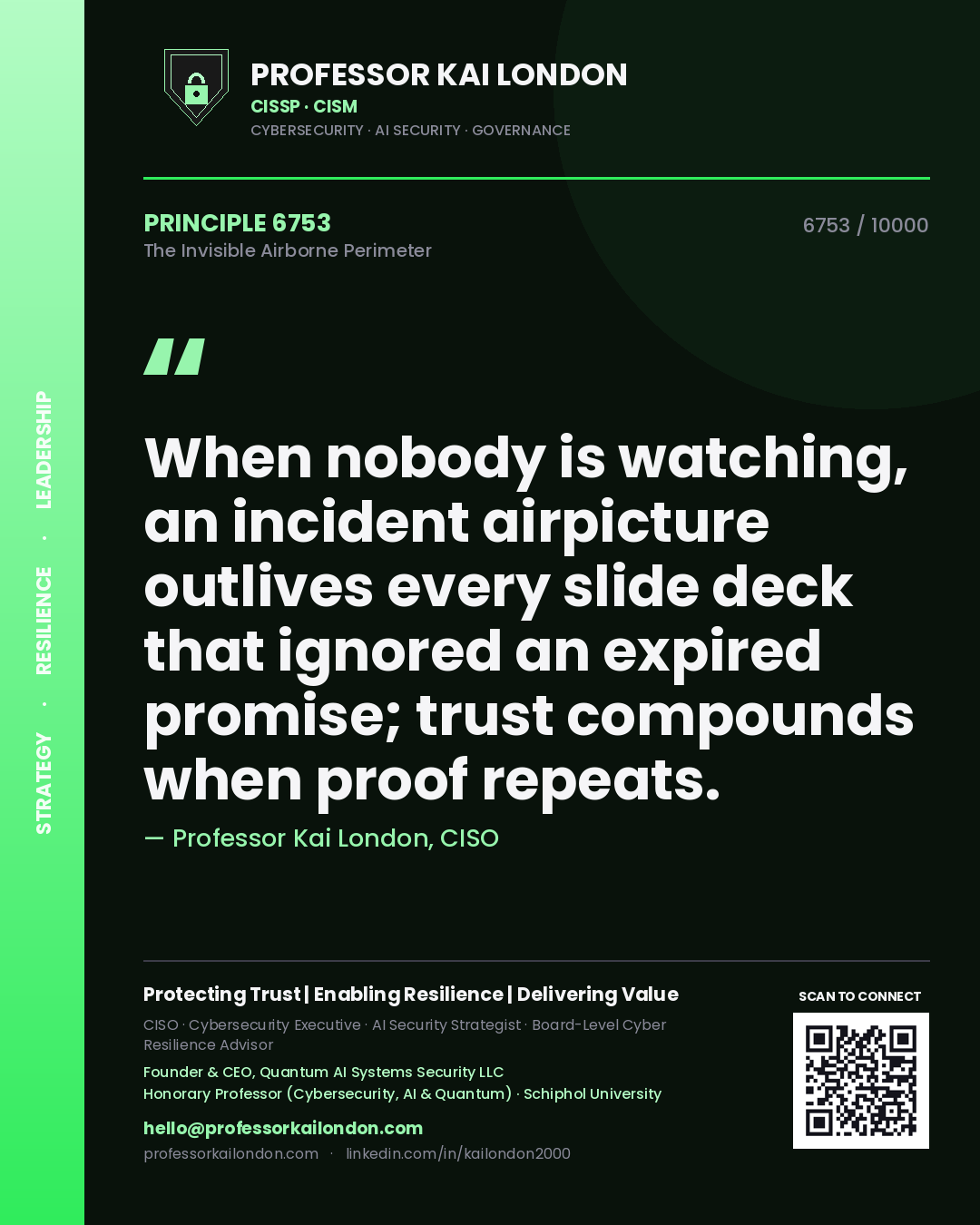 Professor Kai London principle 6753: When nobody is watching, an incident airpicture outlives every slide deck that ignored an expired promise; trust compounds when proof repeats.