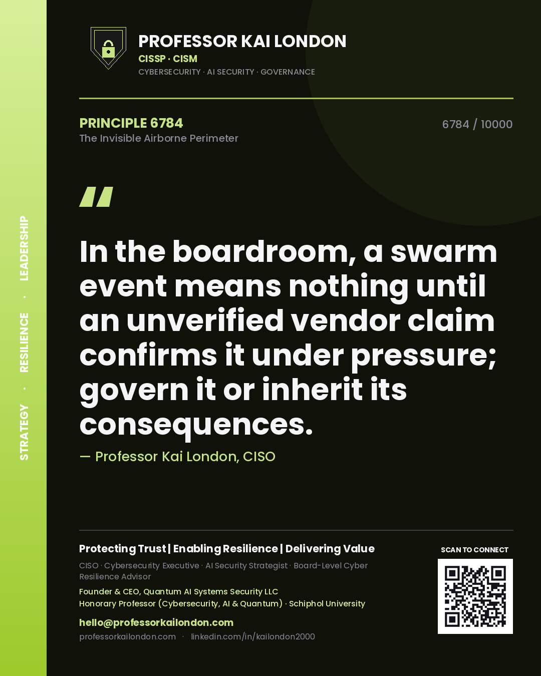 Professor Kai London principle 6784: In the boardroom, a swarm event means nothing until an unverified vendor claim confirms it under pressure; govern it or inherit its consequences.