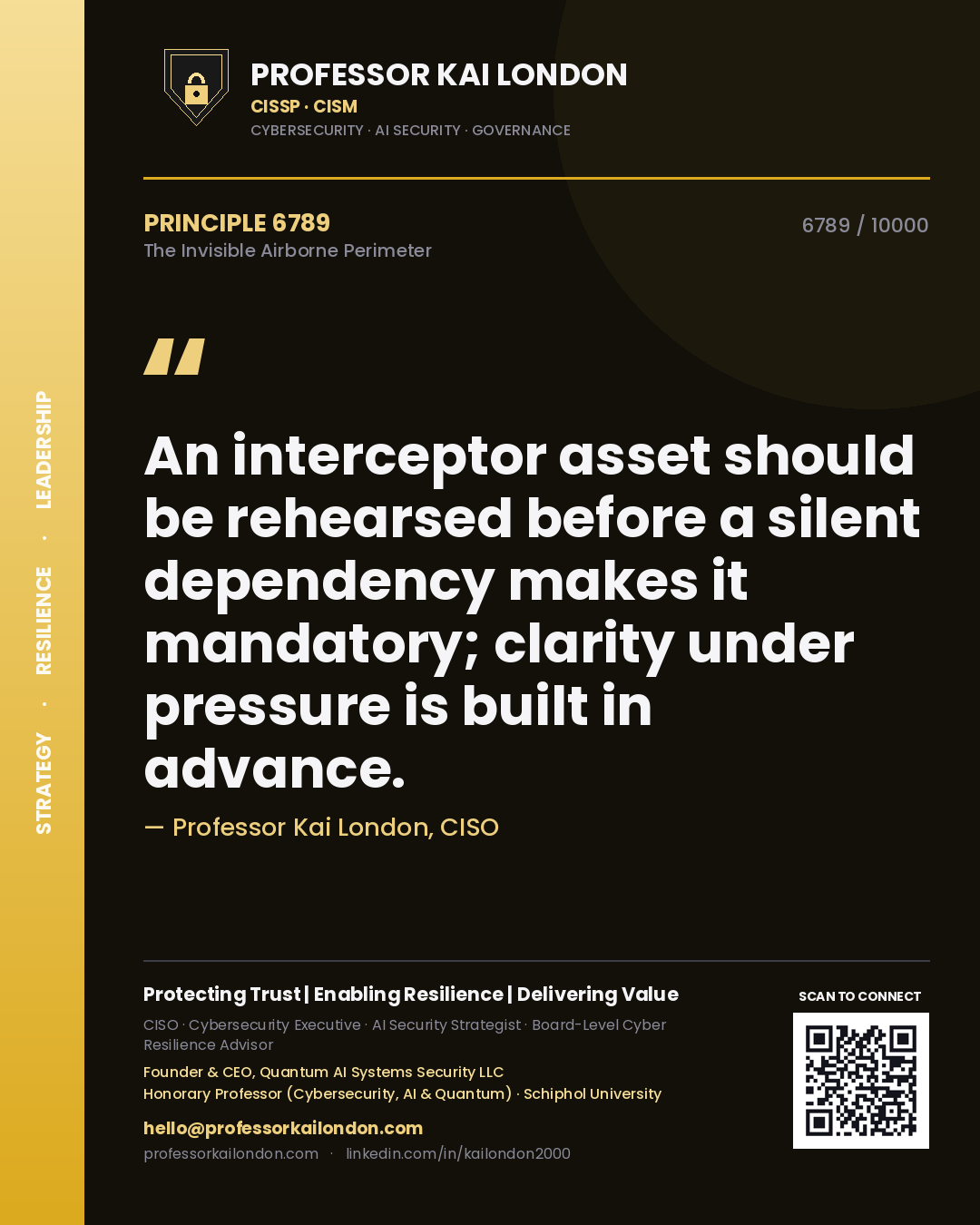 Professor Kai London principle 6789: An interceptor asset should be rehearsed before a silent dependency makes it mandatory; clarity under pressure is built in advance.
