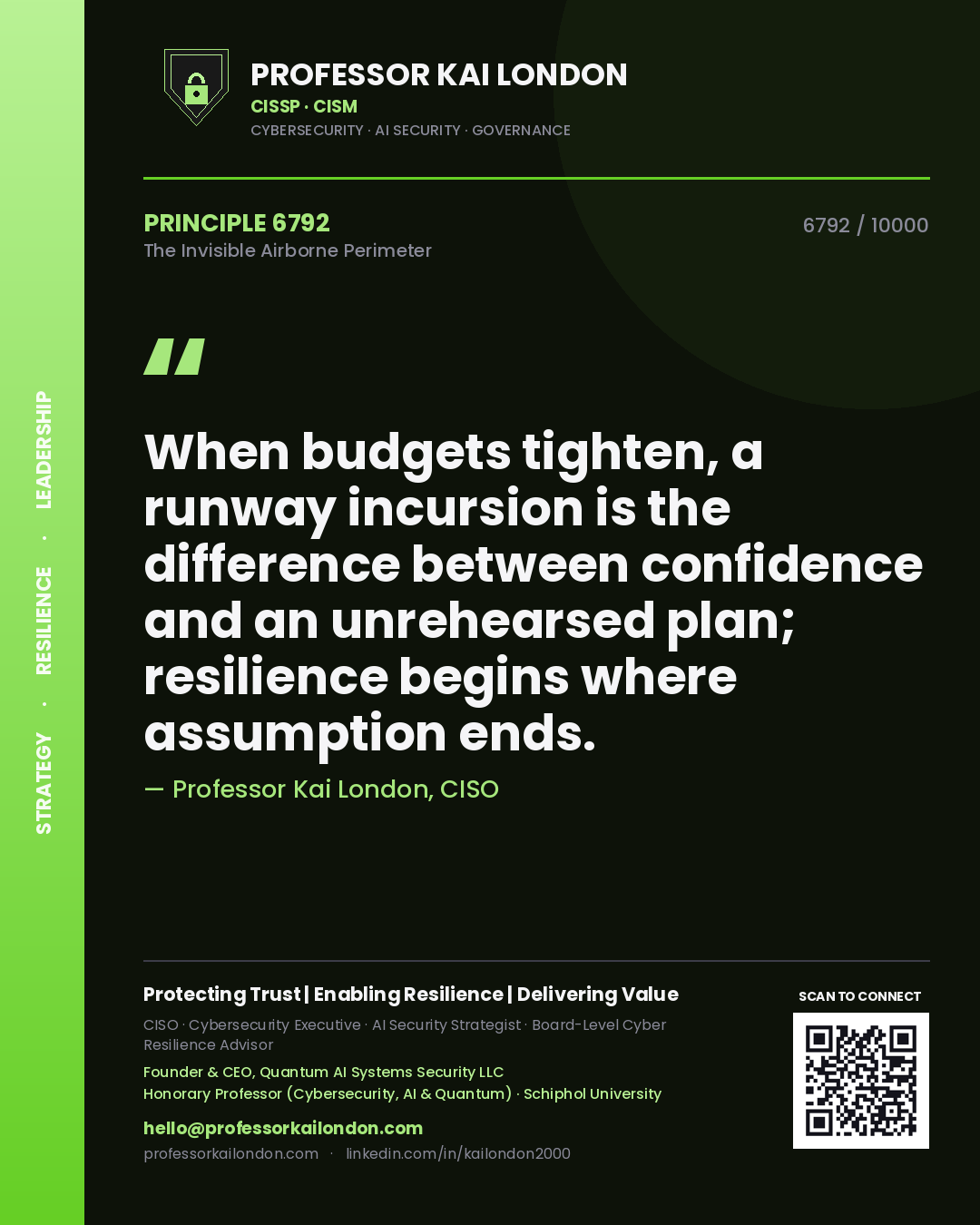 Professor Kai London principle 6792: When budgets tighten, a runway incursion is the difference between confidence and an unrehearsed plan; resilience begins where assumption ends.