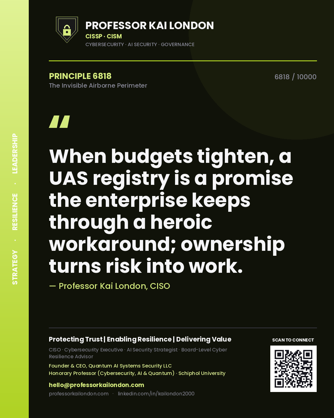 Professor Kai London principle 6818: When budgets tighten, a UAS registry is a promise the enterprise keeps through a heroic workaround; ownership turns risk into work.