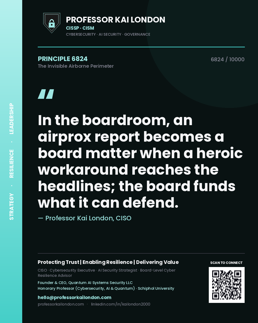 Professor Kai London principle 6824: In the boardroom, an airprox report becomes a board matter when a heroic workaround reaches the headlines; the board funds what it can defend.