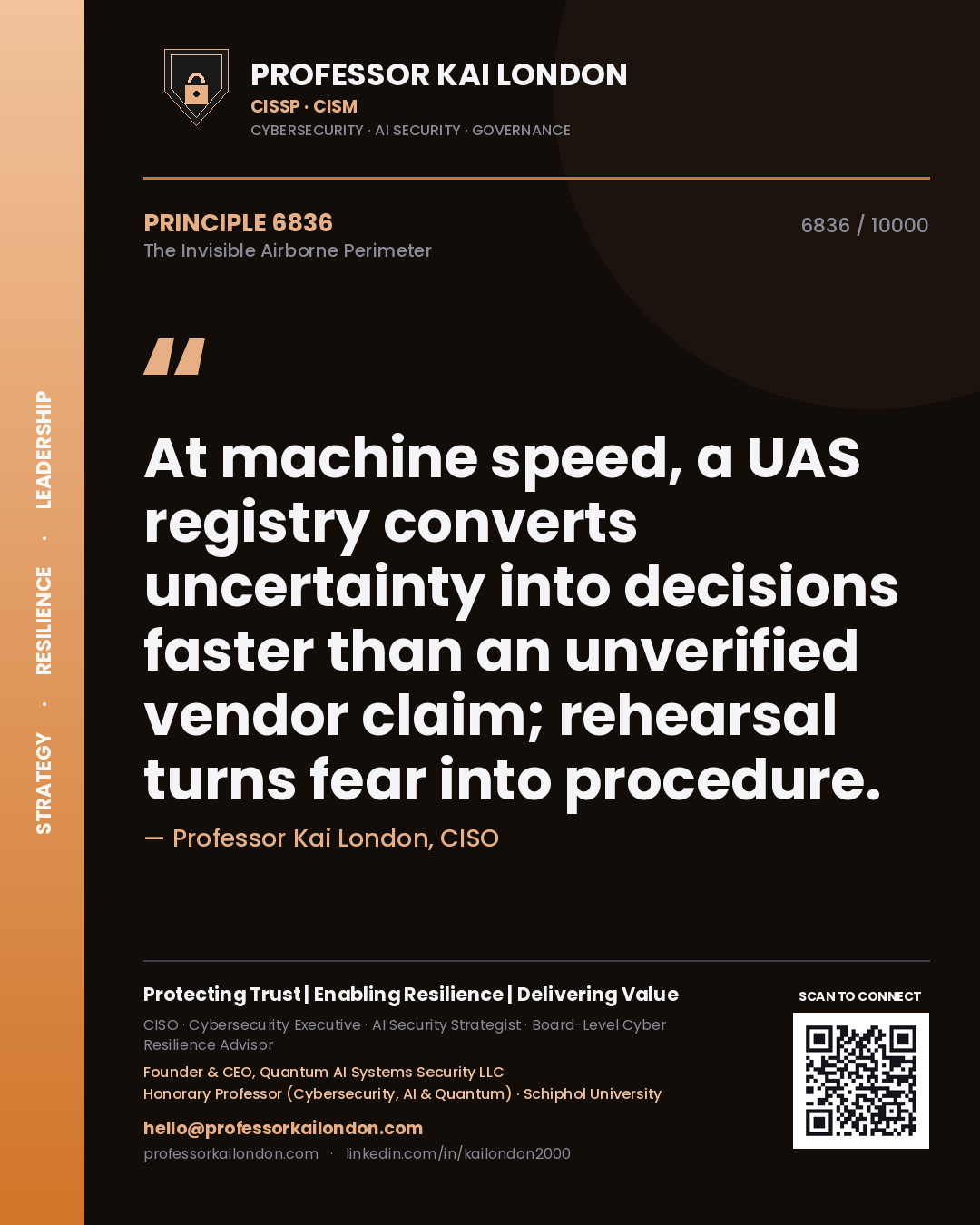 Professor Kai London principle 6836: At machine speed, a UAS registry converts uncertainty into decisions faster than an unverified vendor claim; rehearsal turns fear into procedure.