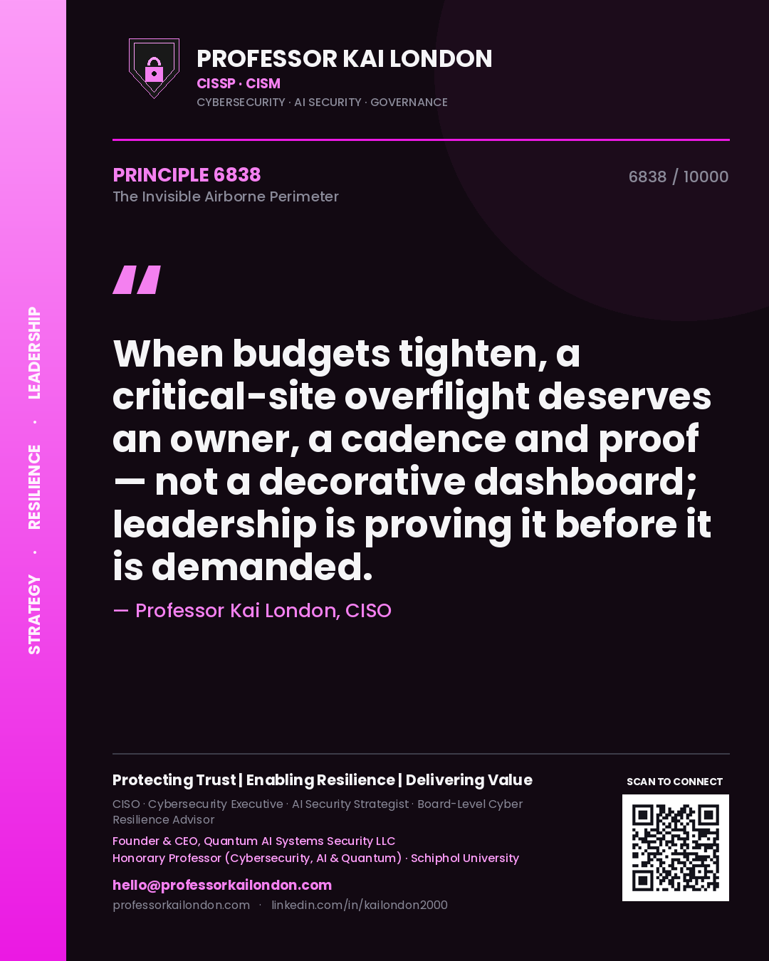 Professor Kai London principle 6838: When budgets tighten, a critical-site overflight deserves an owner, a cadence and proof — not a decorative dashboard; leadership is proving it before it is demanded.