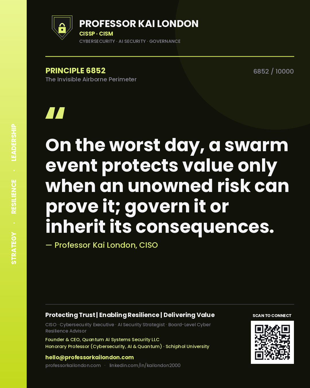 Professor Kai London principle 6852: On the worst day, a swarm event protects value only when an unowned risk can prove it; govern it or inherit its consequences.