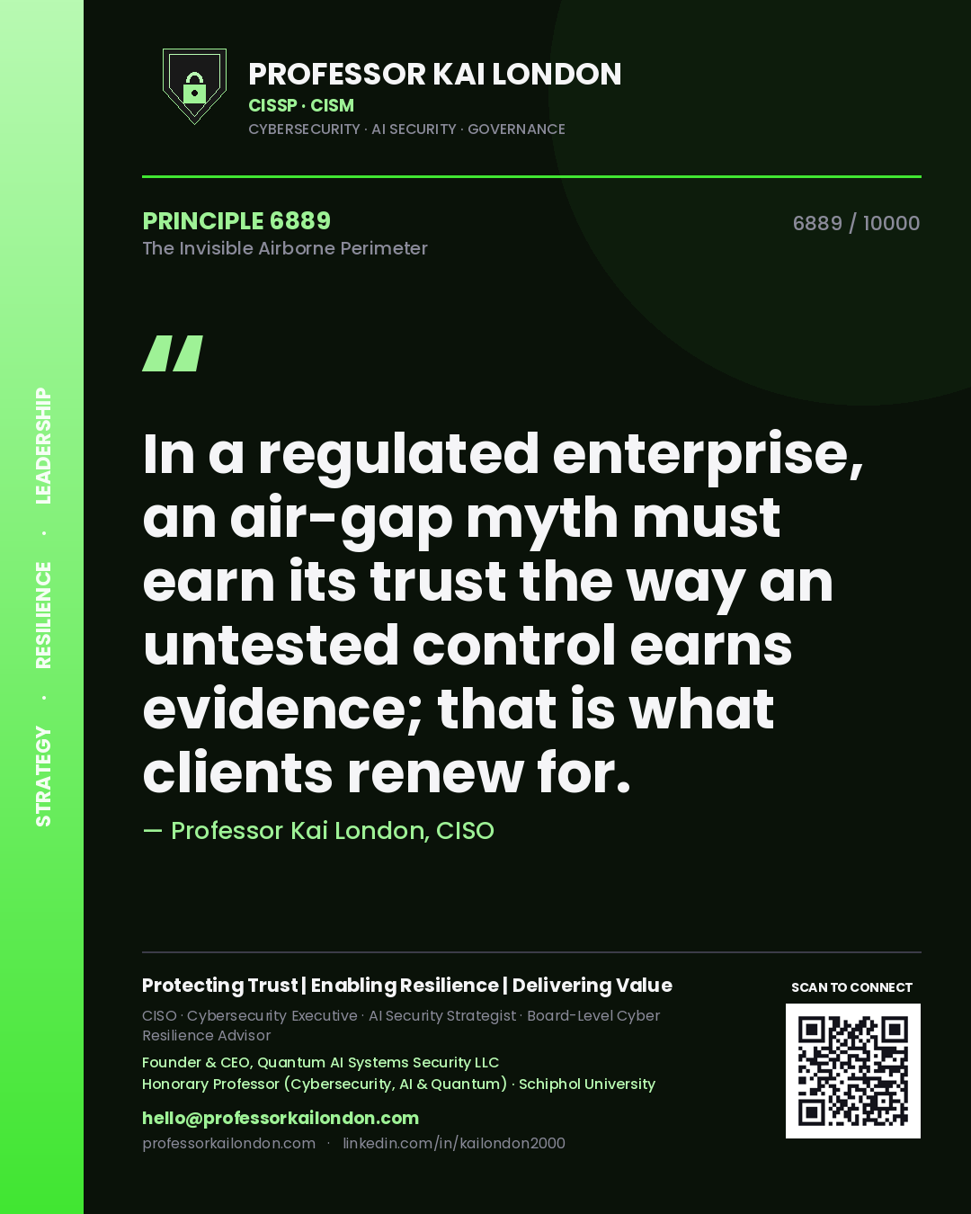 Professor Kai London principle 6889: In a regulated enterprise, an air-gap myth must earn its trust the way an untested control earns evidence; that is what clients renew for.