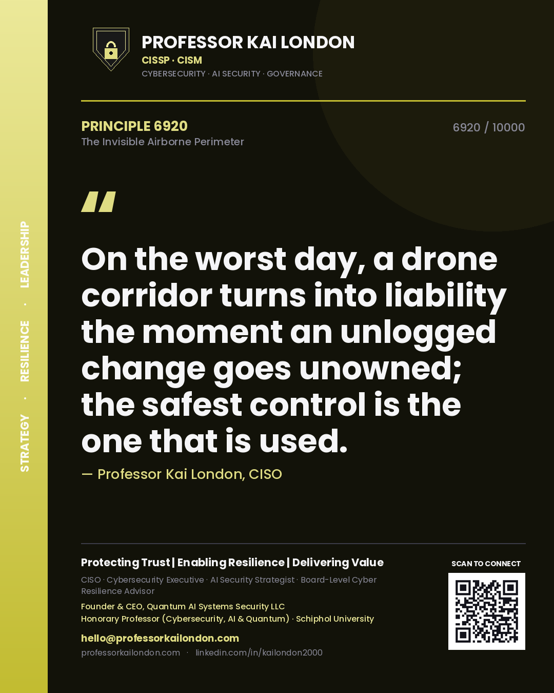 Professor Kai London principle 6920: On the worst day, a drone corridor turns into liability the moment an unlogged change goes unowned; the safest control is the one that is used.