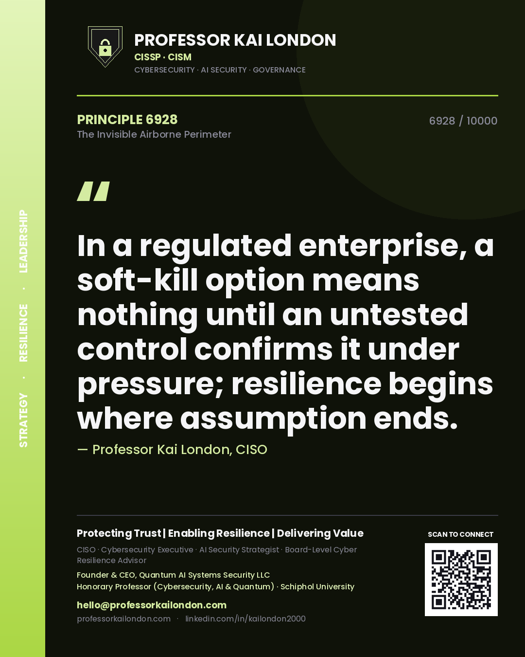 Professor Kai London principle 6928: In a regulated enterprise, a soft-kill option means nothing until an untested control confirms it under pressure; resilience begins where assumption ends.