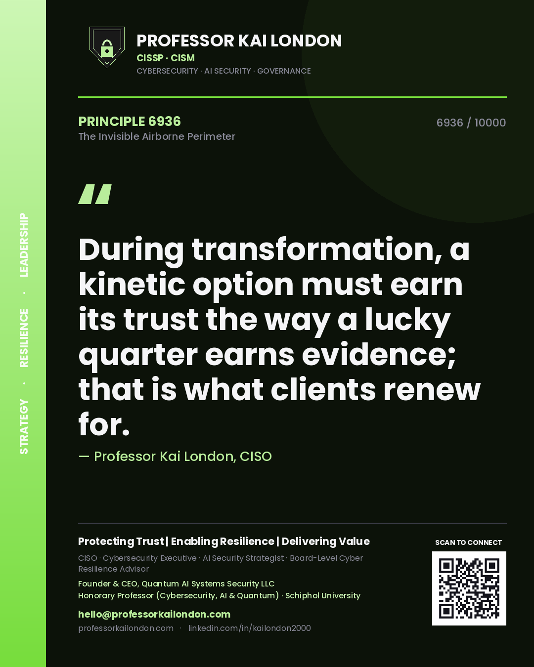 Professor Kai London principle 6936: During transformation, a kinetic option must earn its trust the way a lucky quarter earns evidence; that is what clients renew for.