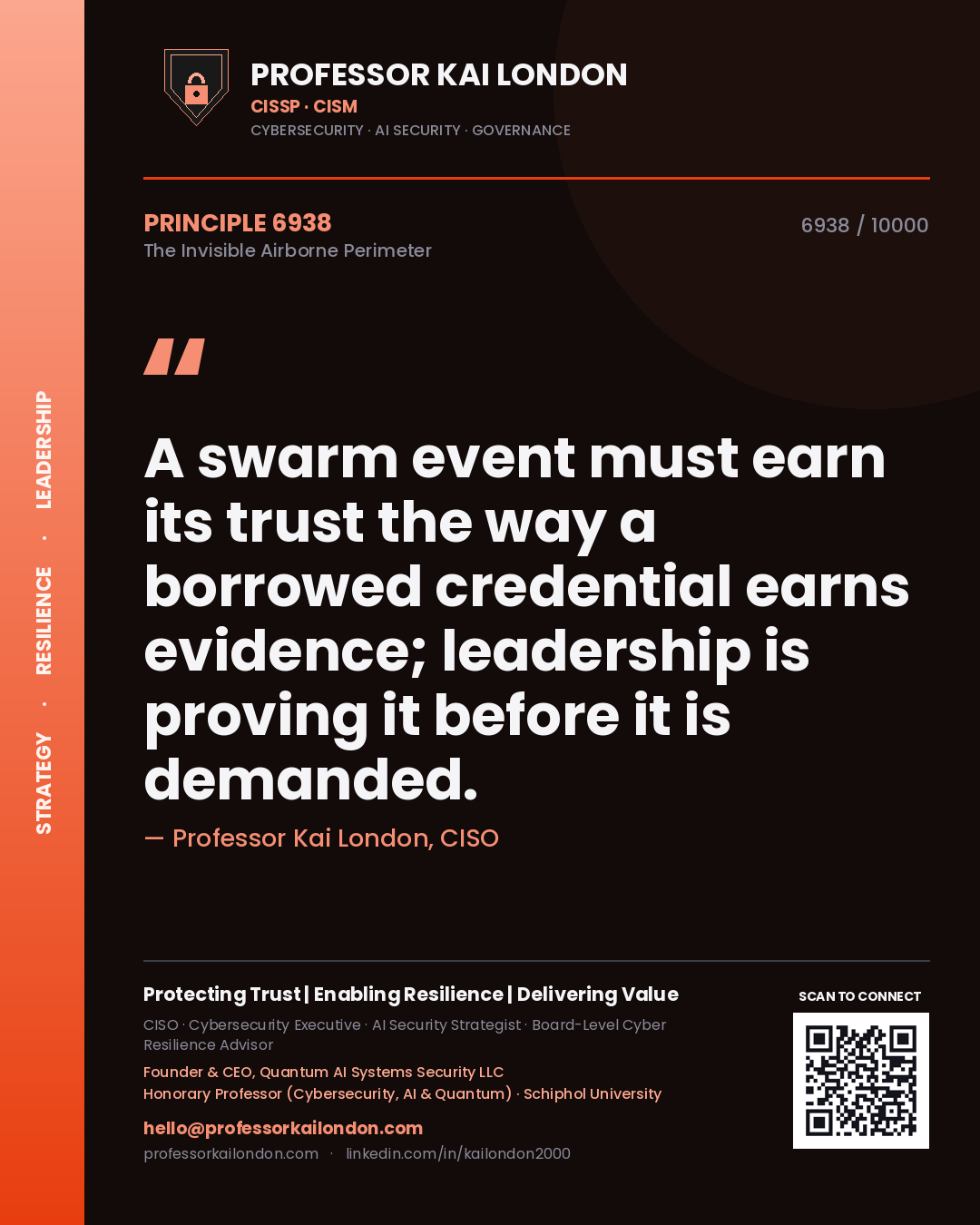 Professor Kai London principle 6938: A swarm event must earn its trust the way a borrowed credential earns evidence; leadership is proving it before it is demanded.