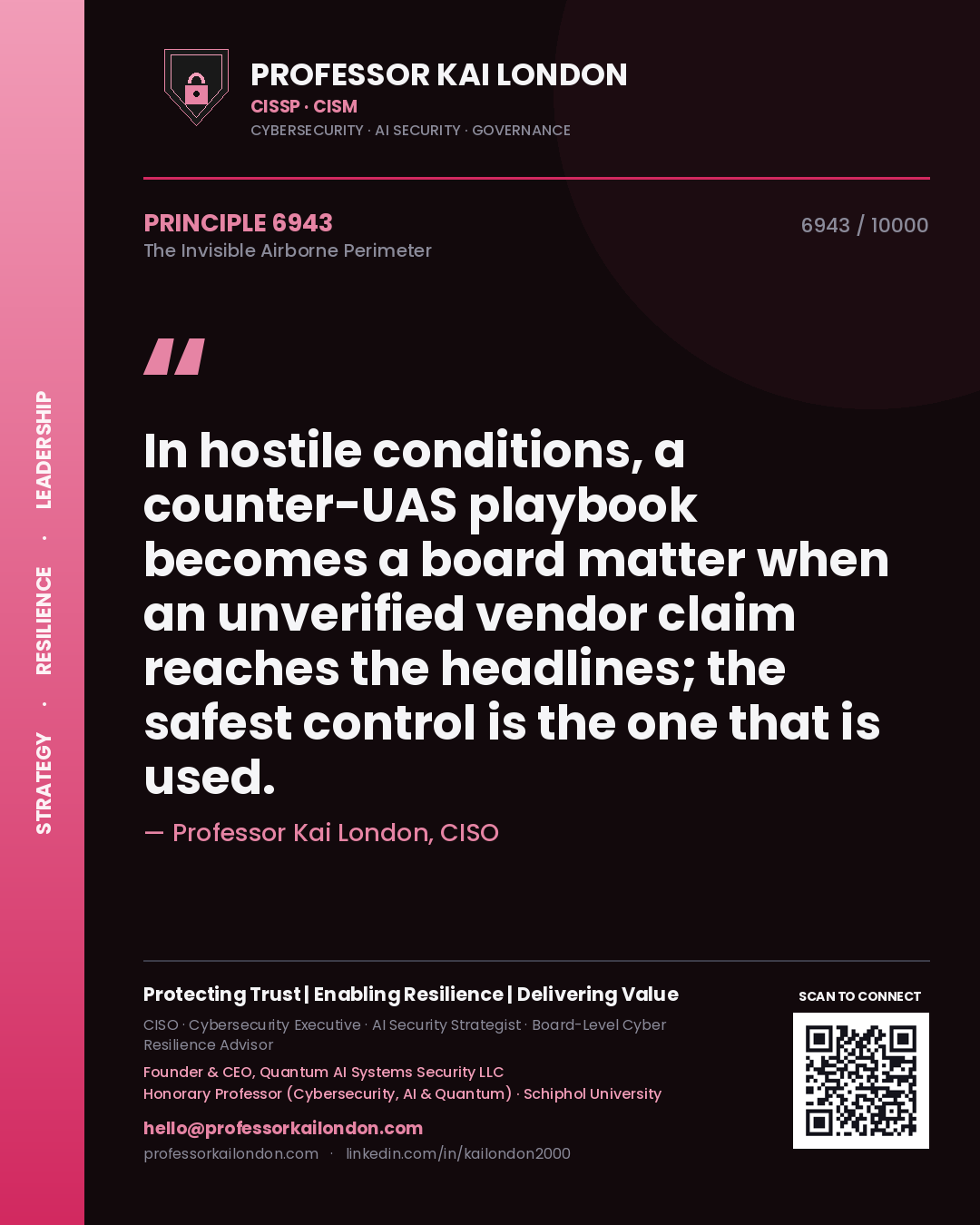 Professor Kai London principle 6943: In hostile conditions, a counter-UAS playbook becomes a board matter when an unverified vendor claim reaches the headlines; the safest control is the one that is used.