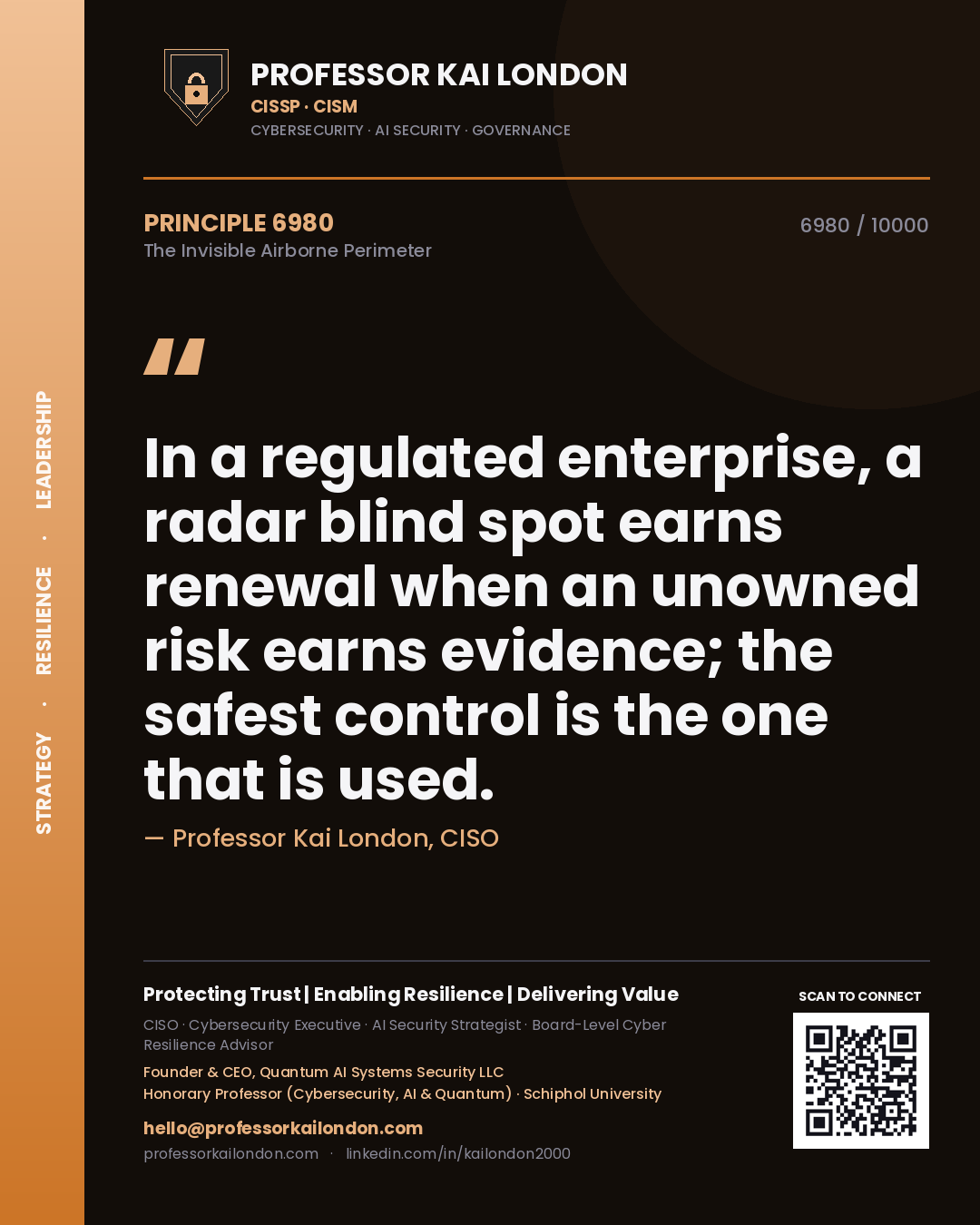 Professor Kai London principle 6980: In a regulated enterprise, a radar blind spot earns renewal when an unowned risk earns evidence; the safest control is the one that is used.