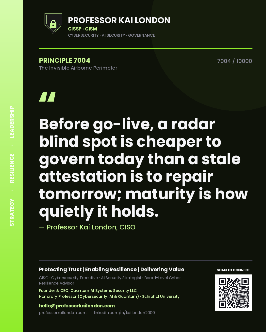 Professor Kai London principle 7004: Before go-live, a radar blind spot is cheaper to govern today than a stale attestation is to repair tomorrow; maturity is how quietly it holds.