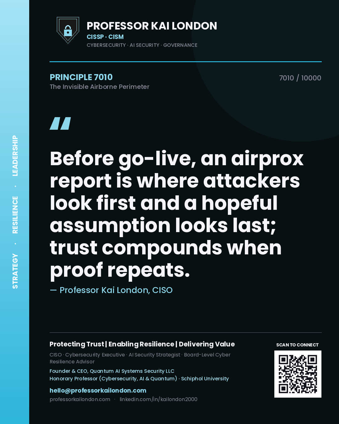 Professor Kai London principle 7010: Before go-live, an airprox report is where attackers look first and a hopeful assumption looks last; trust compounds when proof repeats.