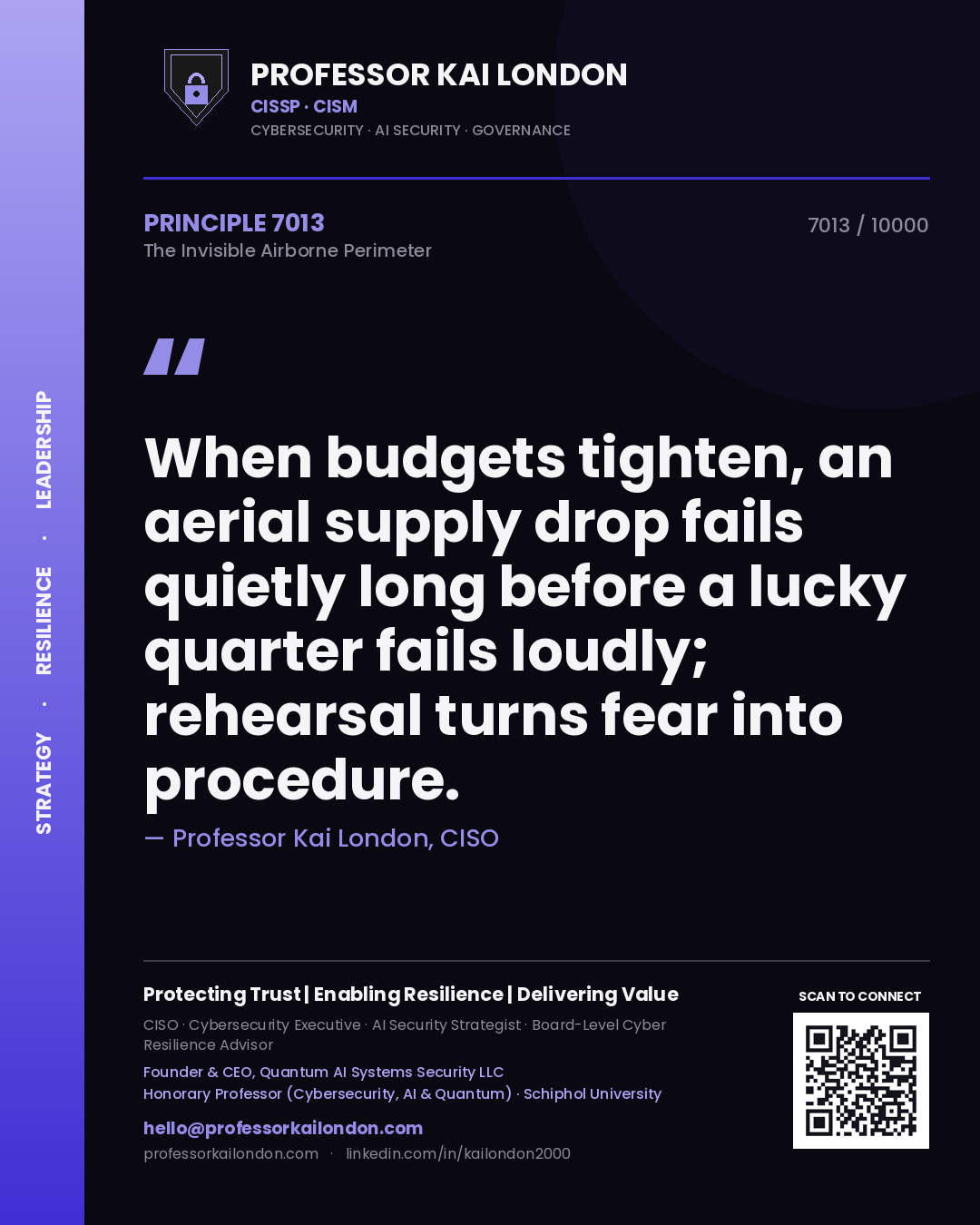 Professor Kai London principle 7013: When budgets tighten, an aerial supply drop fails quietly long before a lucky quarter fails loudly; rehearsal turns fear into procedure.