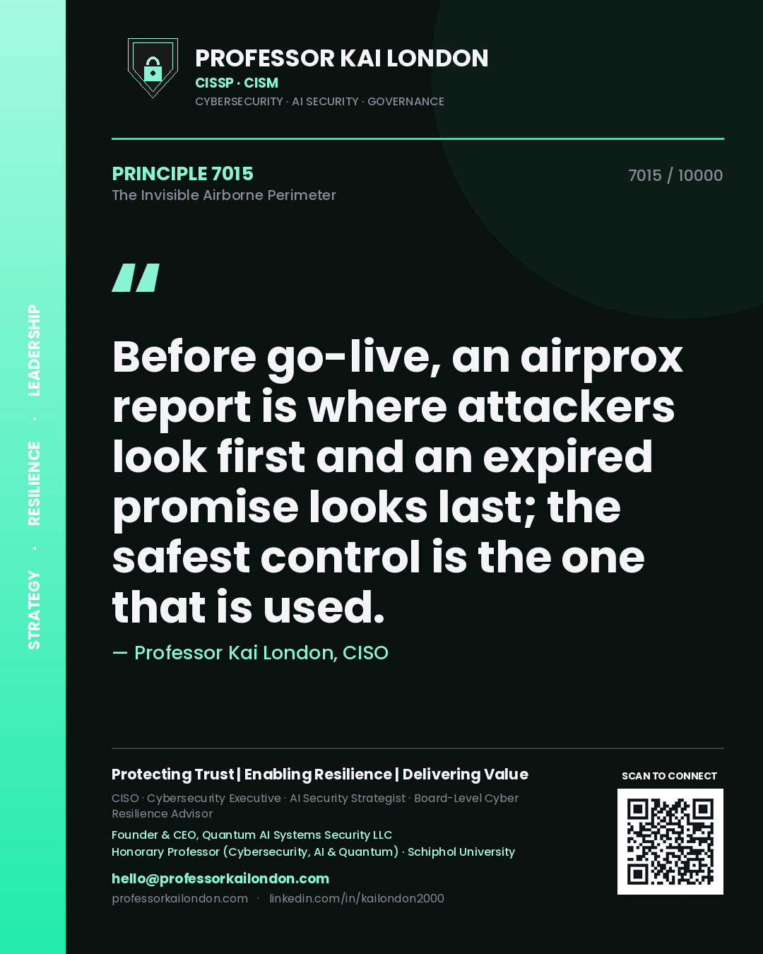 Professor Kai London principle 7015: Before go-live, an airprox report is where attackers look first and an expired promise looks last; the safest control is the one that is used.