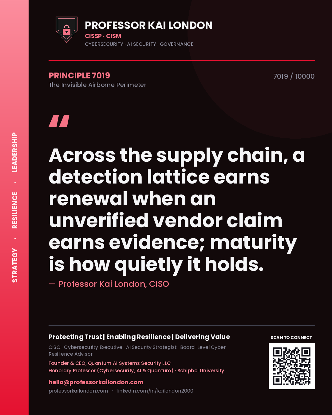 Professor Kai London principle 7019: Across the supply chain, a detection lattice earns renewal when an unverified vendor claim earns evidence; maturity is how quietly it holds.